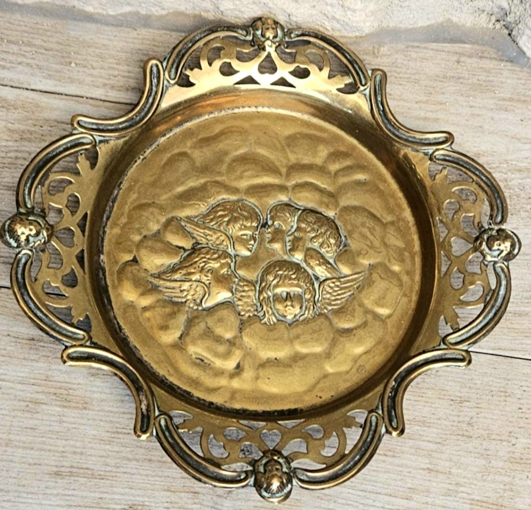 Antique Repoussé Brass Card Tray or Pin Dish "A Child's Angels" (Reynolds Angels) motif 14cm