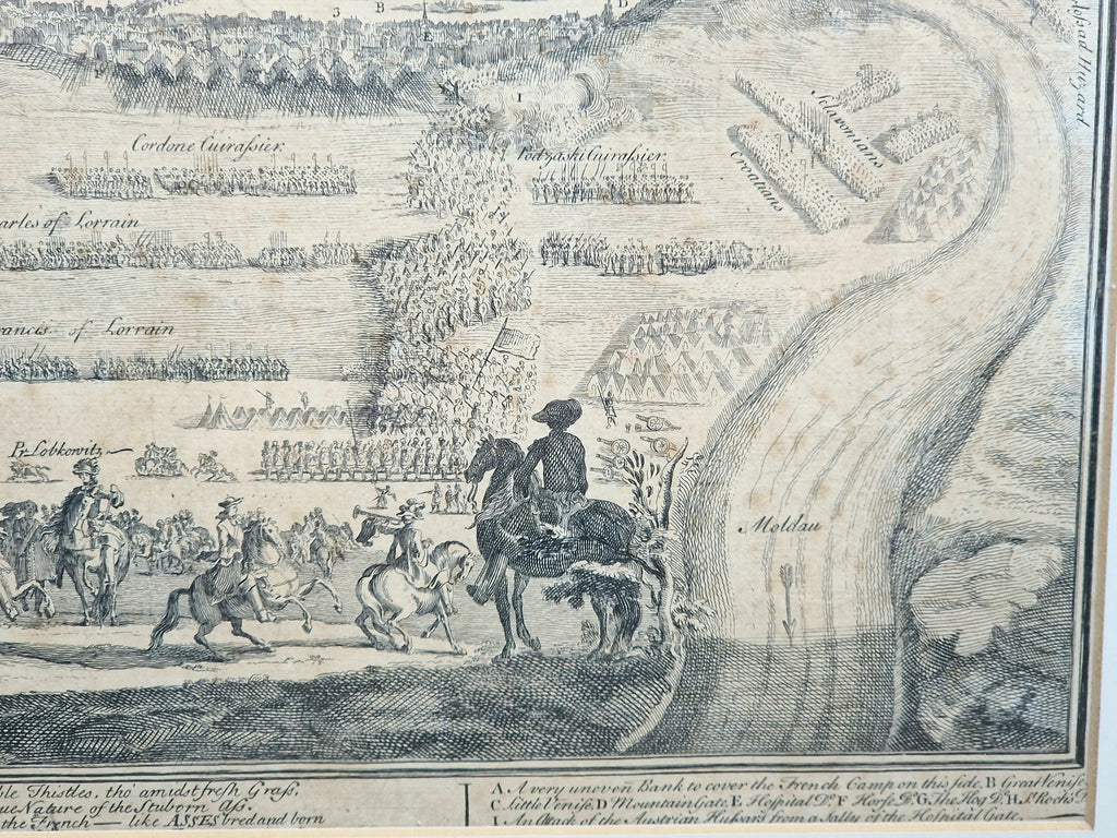 1742 Prague Siege Antique Copperplate Engraving John Bickham Military Battle Map Satire Print Framed