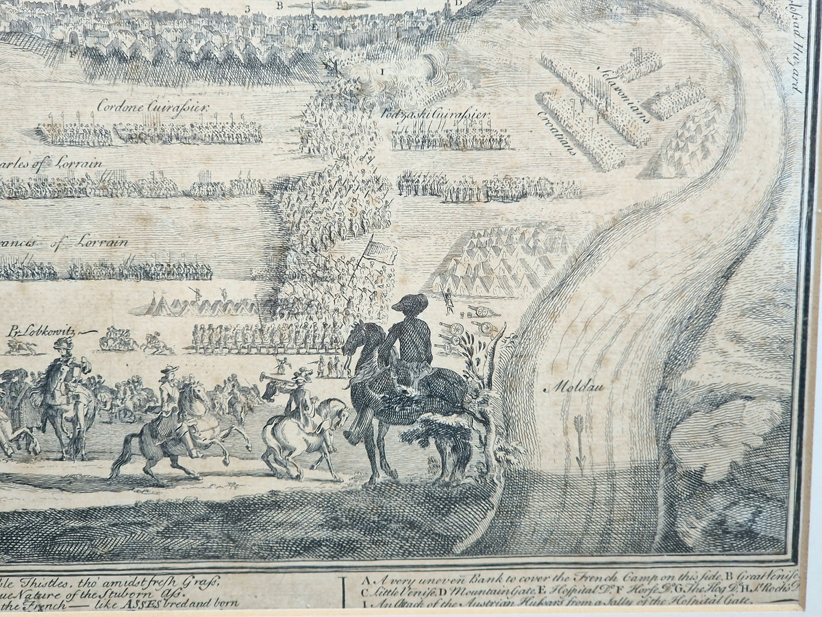 1742 Prague Siege Antique Copperplate Engraving John Bickham Military Battle Map Satire Print Framed