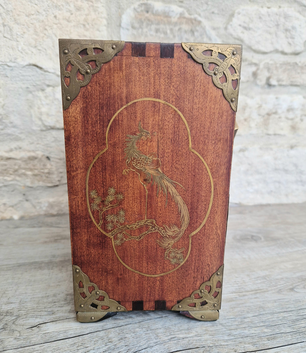 Vintage Hardwood Brass Bound Oriental Hand-Painted Chinoiserie Dragons Footed Jewellery Box Chest 1940s