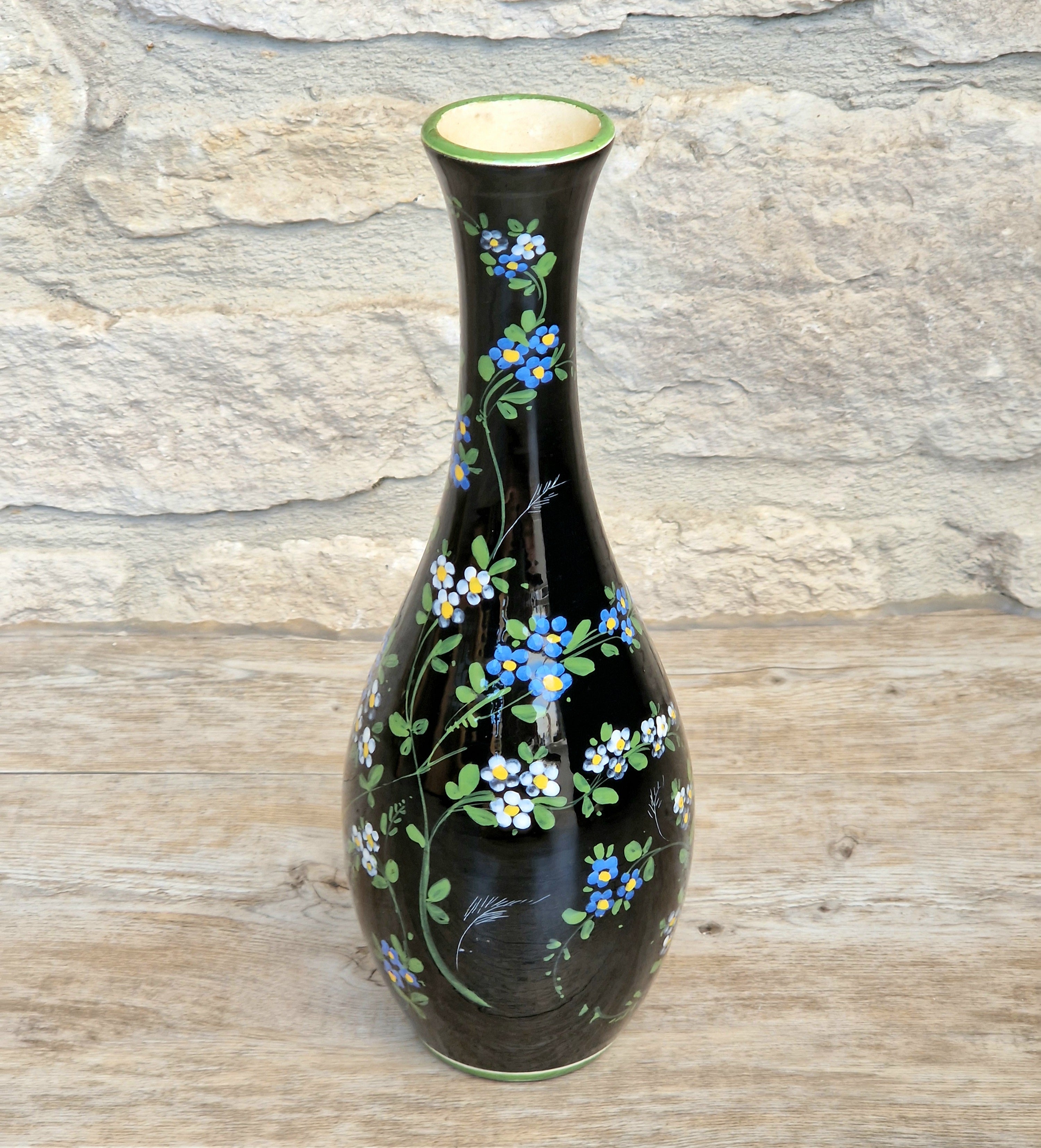Marmaca San Marino Vase Art Ceramic Black Floral Amphora Tall Bottle Vase 1950's