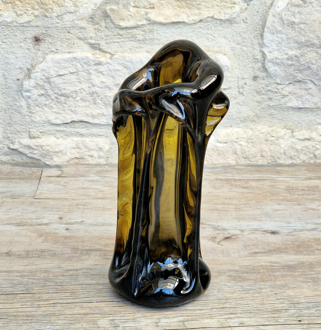 Vintage 1970s Polish Wołomin Hand Blown Smoked Amber Art Glass Pulled Freeform Ribbed Vase Rare Piece