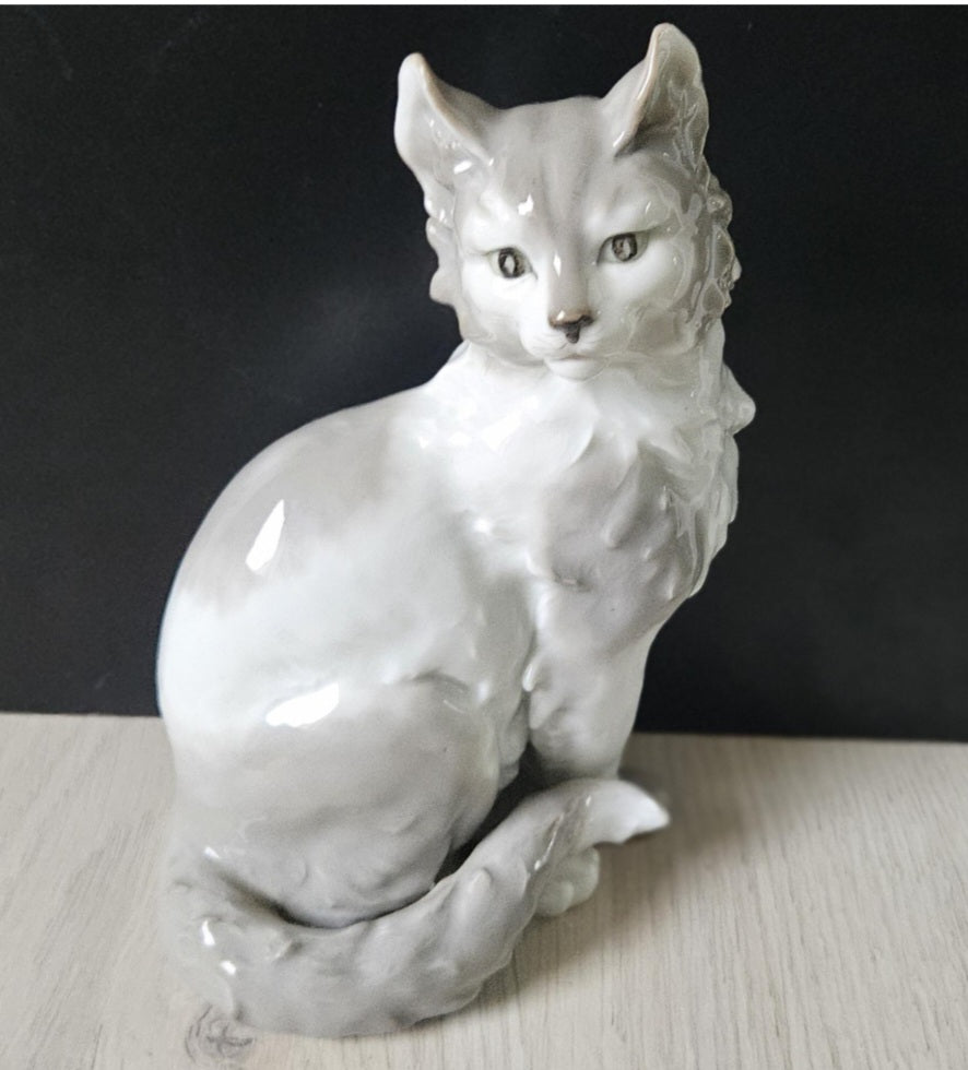 Vintage Cat Ornament Grey White Glazed Porcelain Sitting Cat Pointy Ears 8" Tall