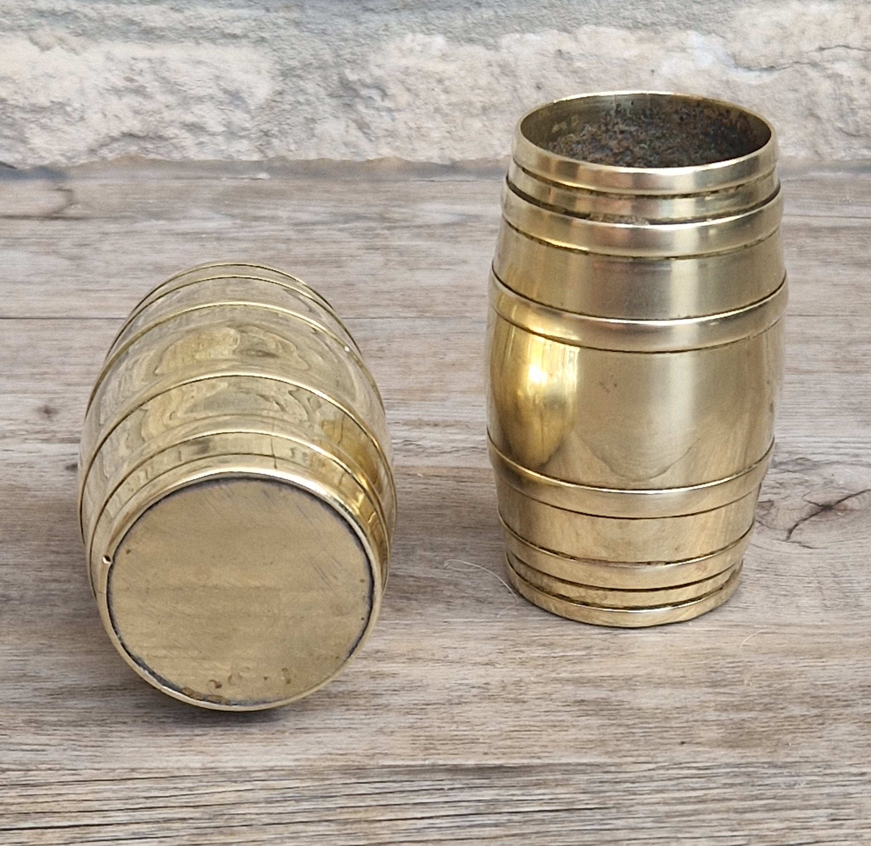 Pair of Vintage Brass Bound Barrel Table Match Holders Desk Pen Holders