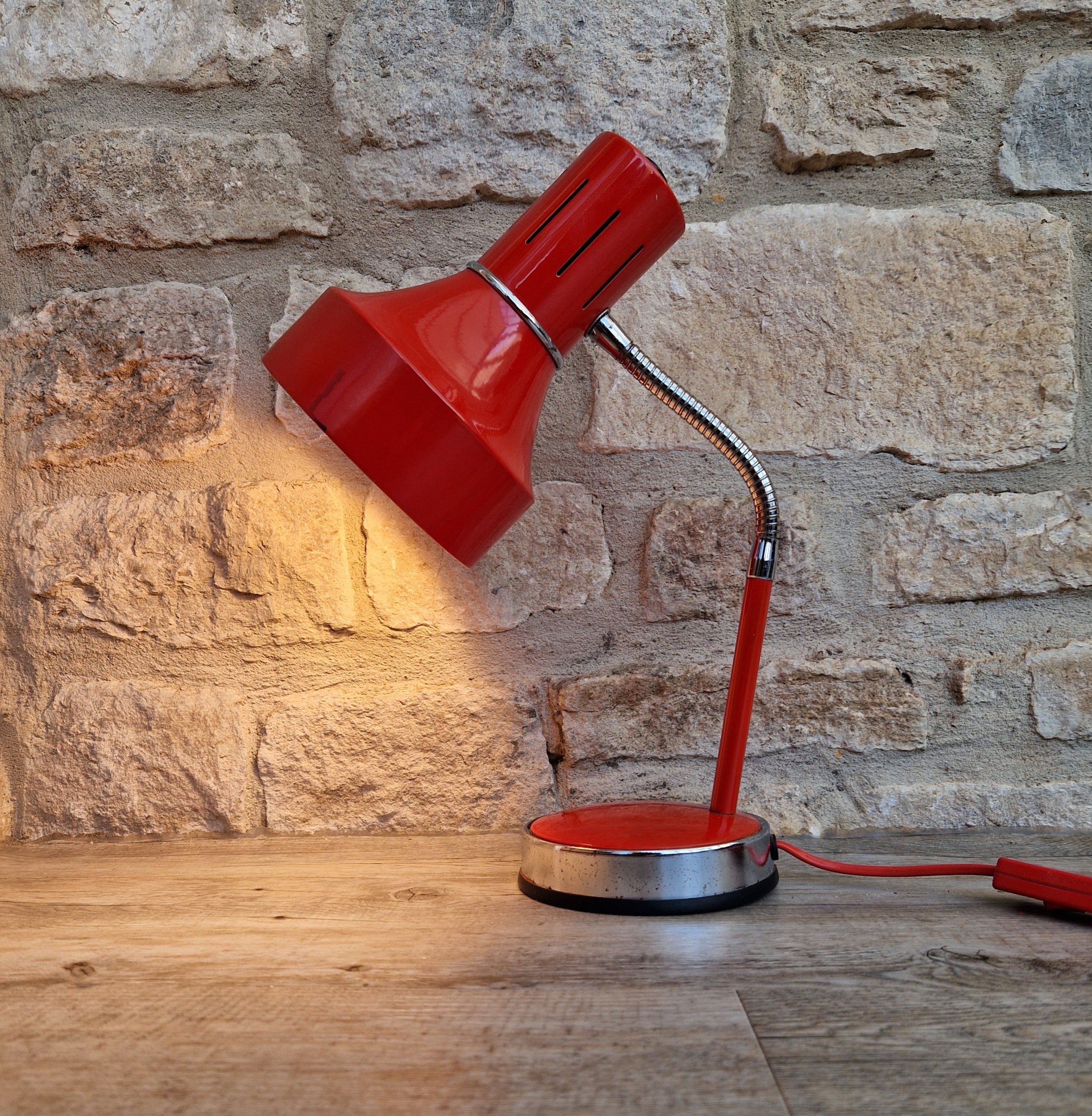 1980s Cherry Red Desk Lamp: Mid Century Space Age Flexible Lamp