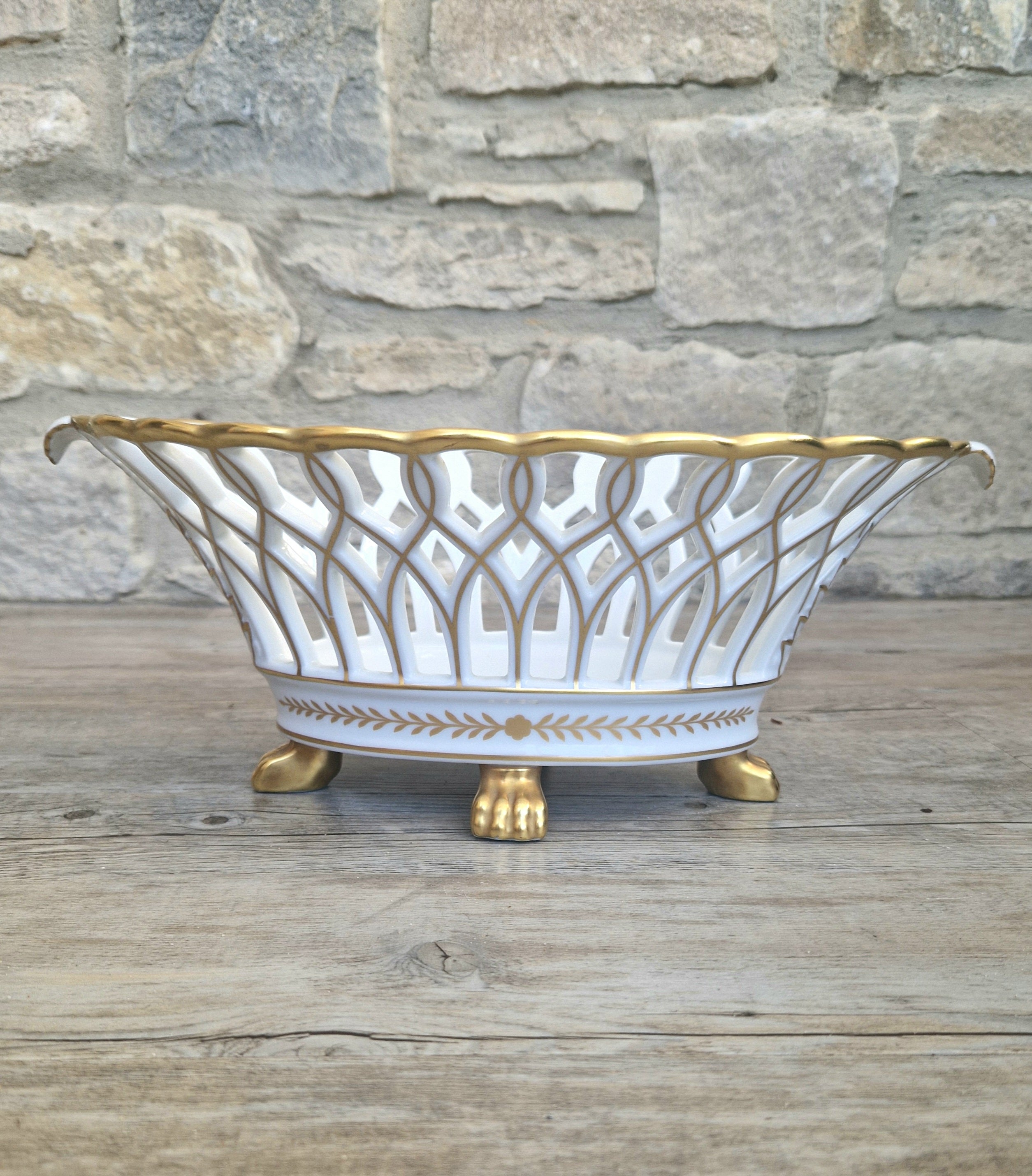 Large Vista Alegre Reticulated White & Gold Ceramic Basket Fruit Bowl Old Paris Style