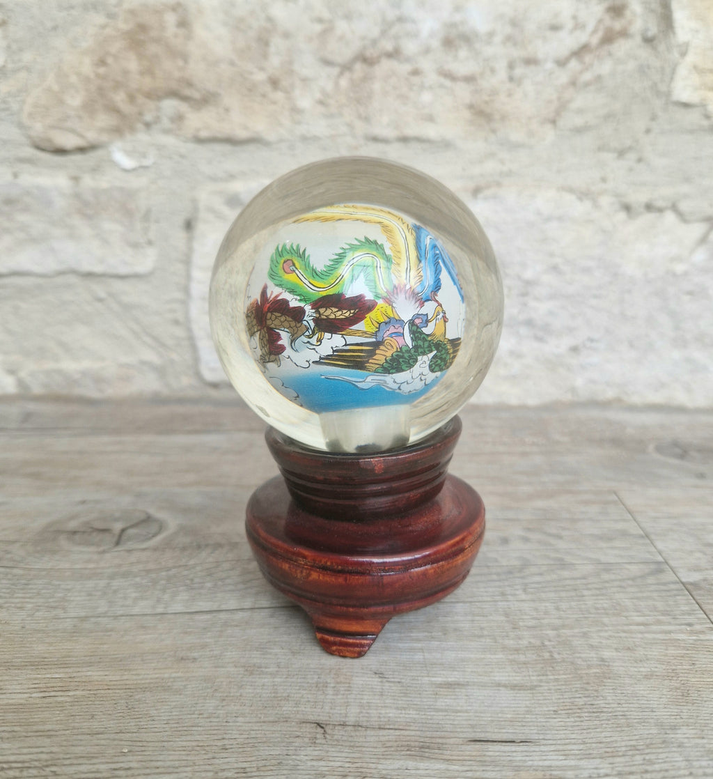Vintage Chinese Reverse Painted Dragon & Pheonix Crystal Glass Ball Mounted Plinth