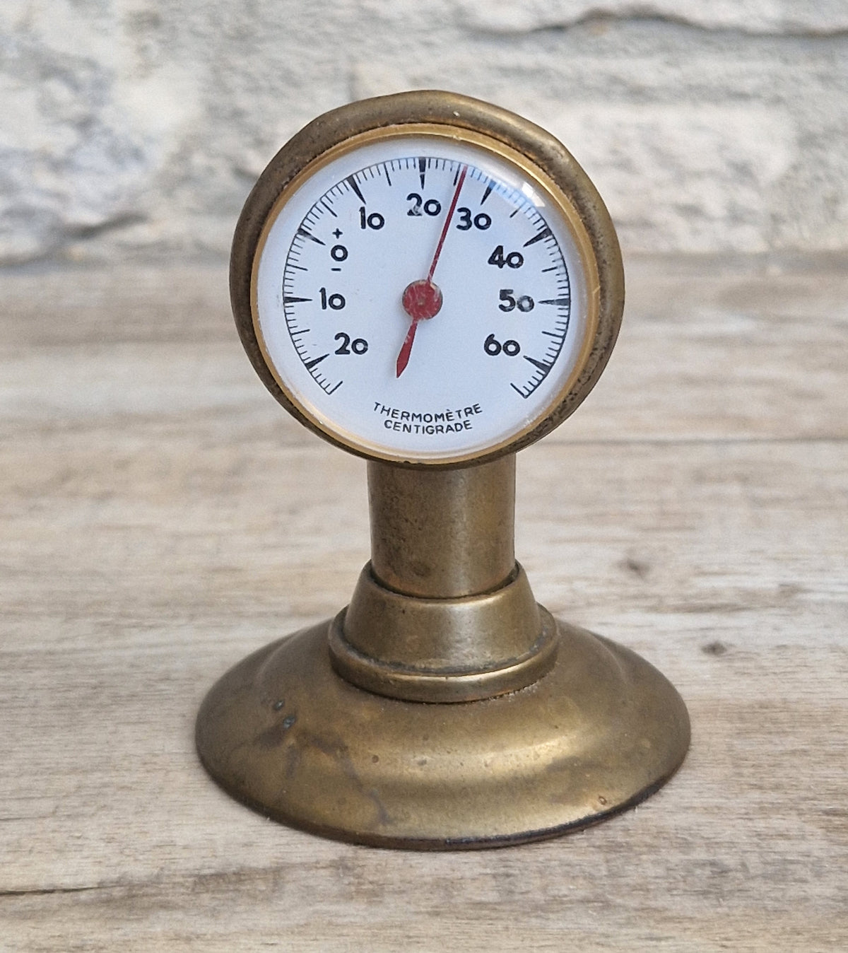 Antique French Brass Tabletop Thermometer, Vintage Industrial Desk Decor Centigrade Gauge