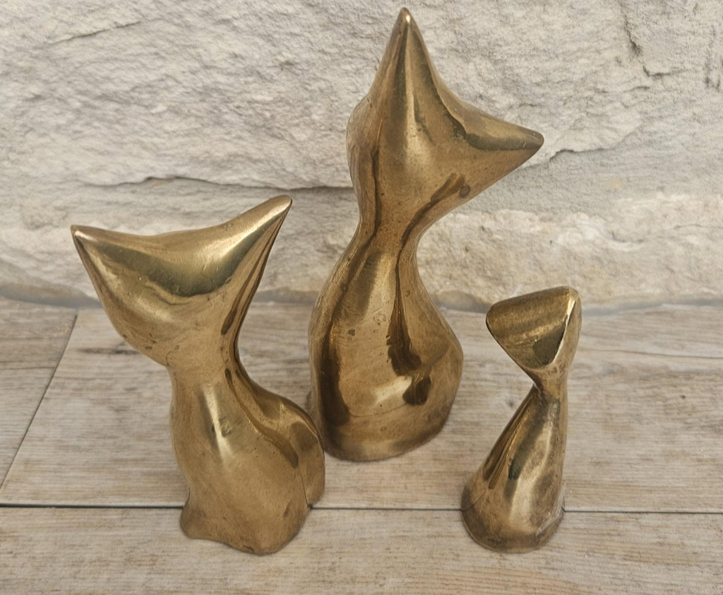 Mcm Solid Brass Cats Figures Ornaments  X3 Brass Cat Family Heavy with Patina