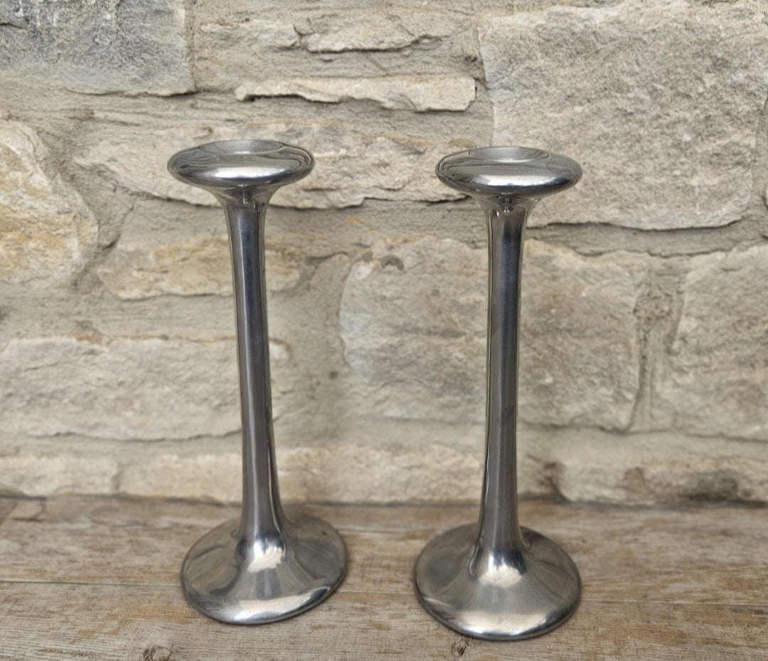 Pair Of Vintage Aluminium Tall Candlesticks 1990's Ikea Kagla Metal By Carl Ojerstam 25cm Tall