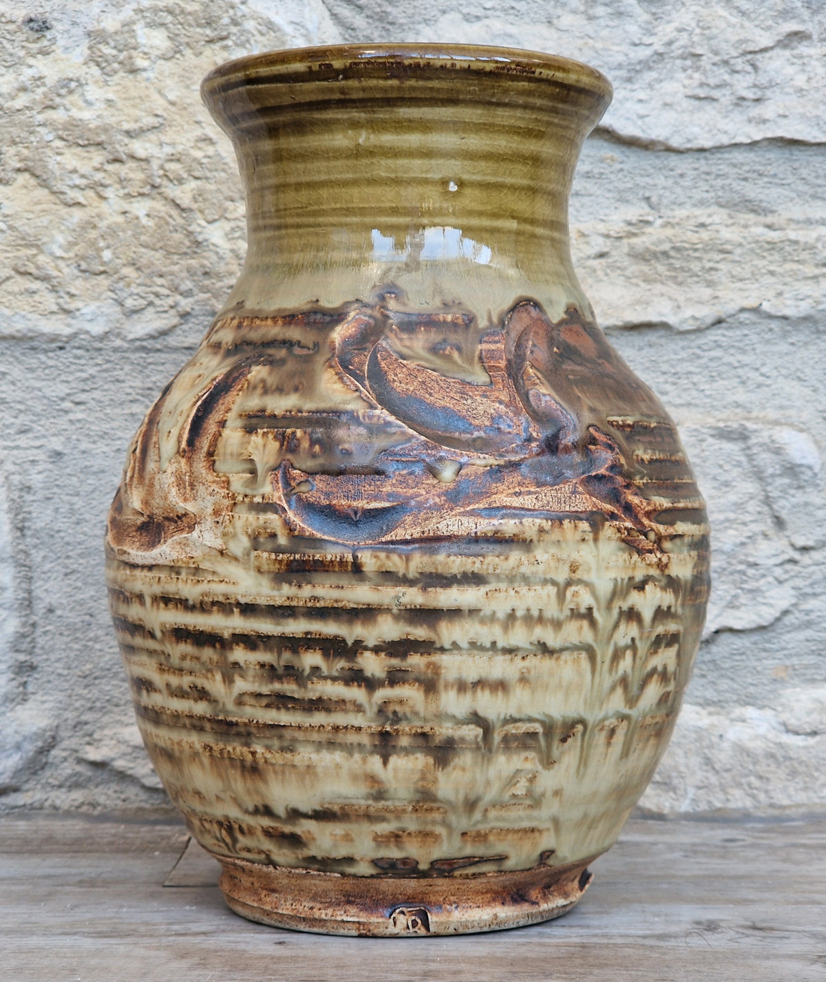 Vintage Studio Art Pottery Urn Vase Olive Green Ribbed Decoration 20cm Impressed Mark & Signed