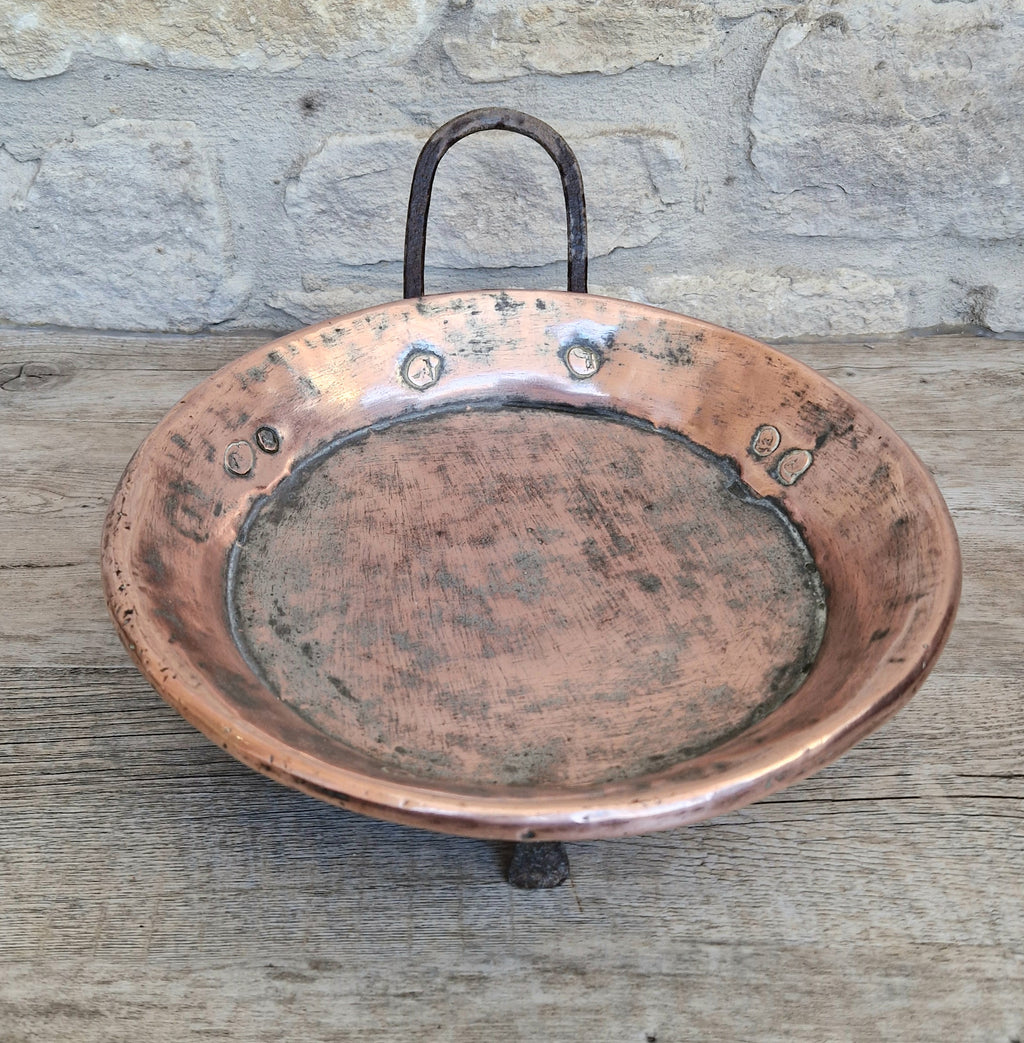 18th - 19th Century Copper & Iron Handle French Tripod Footed Tart Pan Rare Antique Kitchenalia