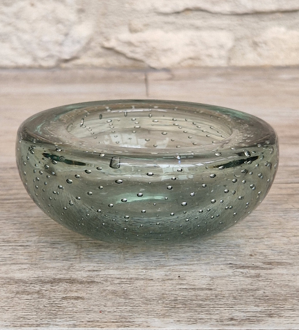 Vintage Whitefriars Sea Green Controlled Bubble Glass Bowl 9099 Mid Century Bullicante Dish