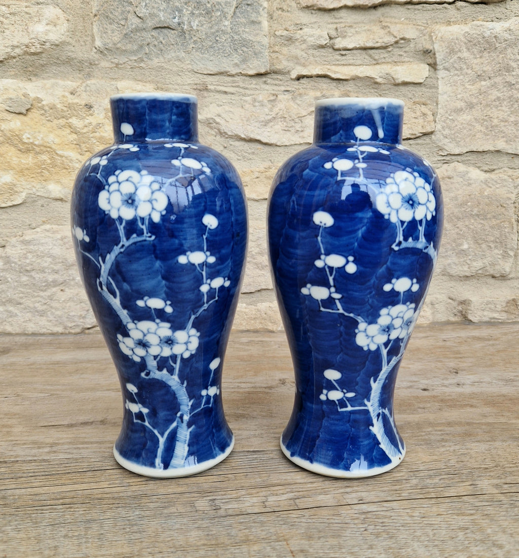 Pair Kangxi Style Blue & White Prunus Baluster Garniture Vases