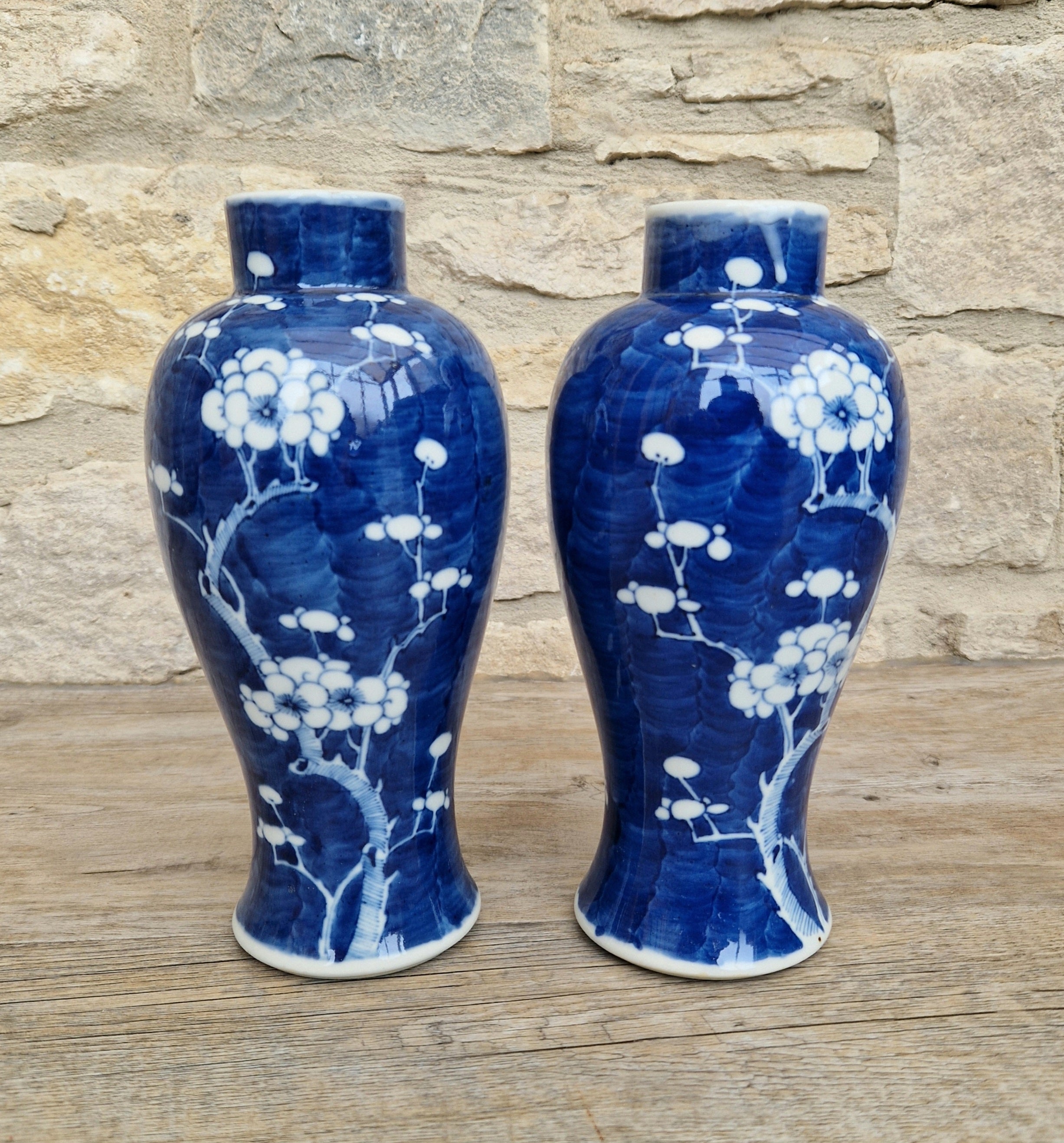 Pair Kangxi Style Blue & White Prunus Baluster Garniture Vases