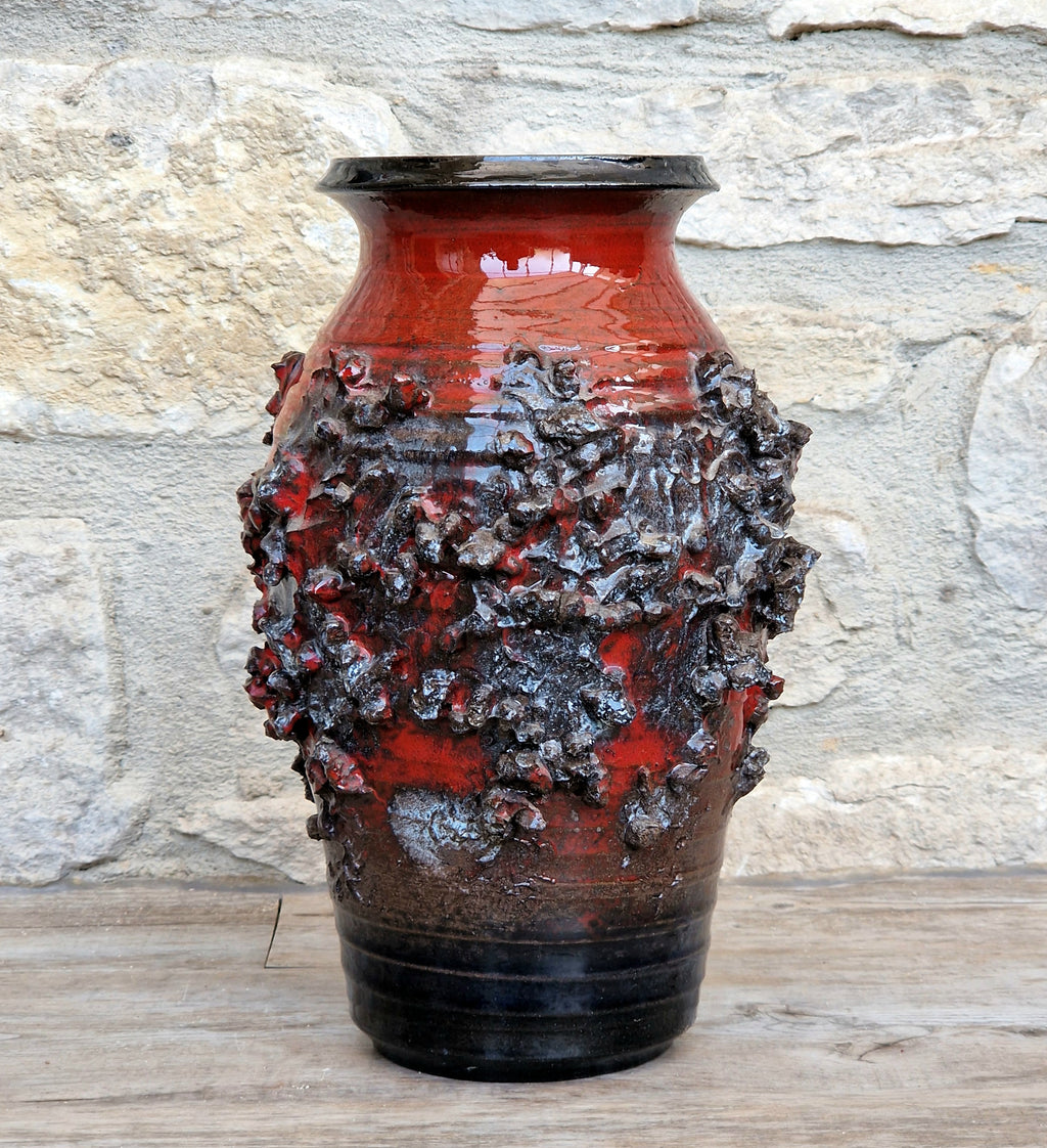 Mid-Century Glit Iceland Lava Pottery Vase Red 23.5cm Volcanic Studio Ceramic