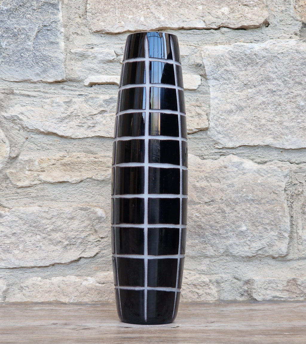 Mid-Century Modern Black & White Cased Cameo Art Glass Tall Geometric Grid Vase
