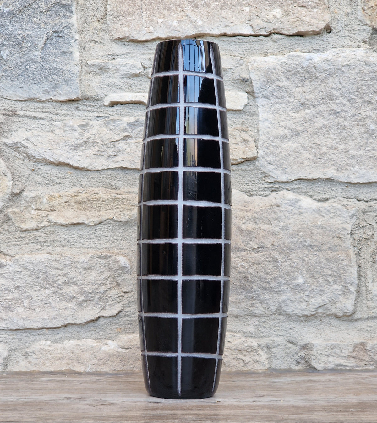 Mid-Century Modern Black & White Cased Cameo Art Glass Tall Geometric Grid Vase