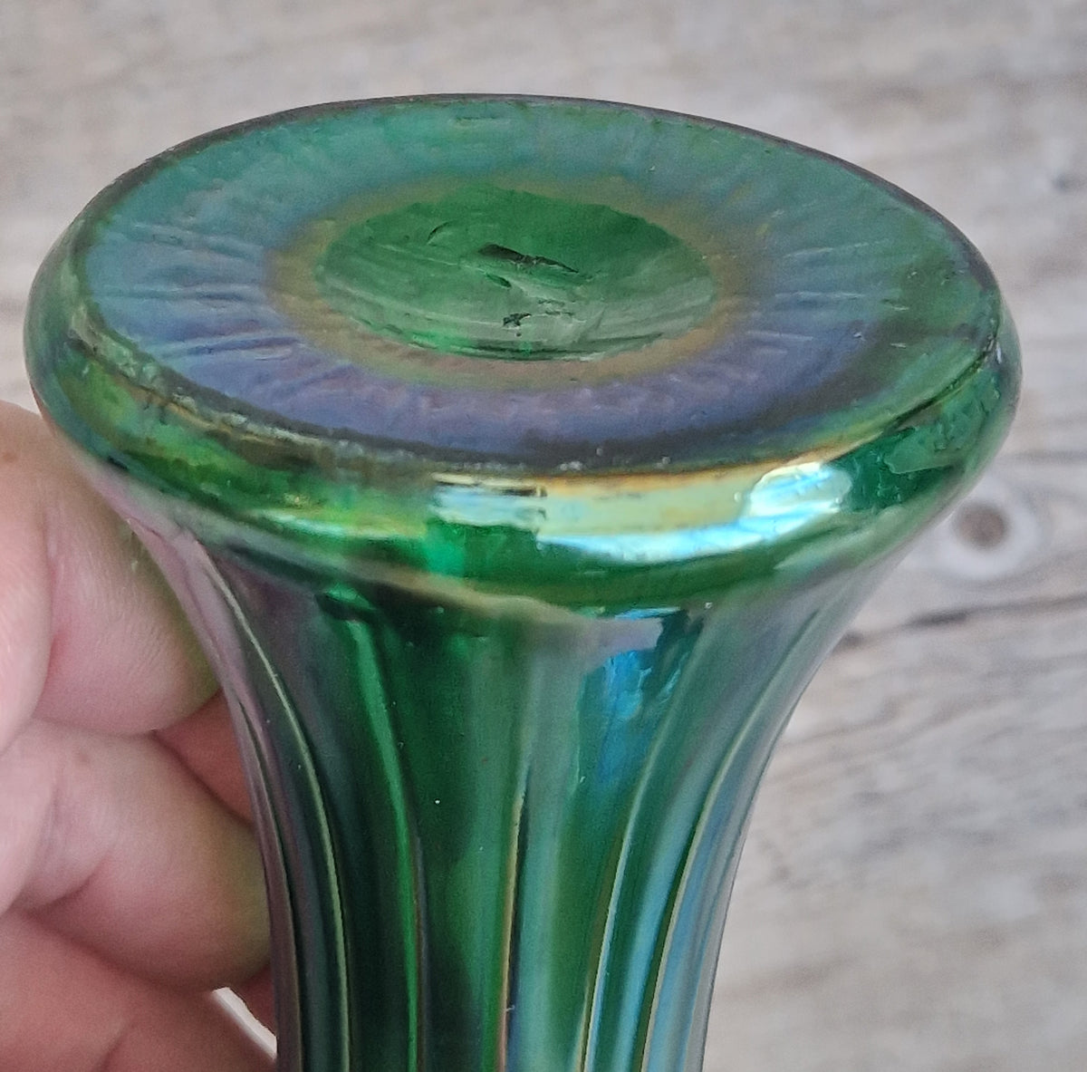 Antique Loetz Art Nouveau Creta Glatt Iridescent Green Glass Fluted Vase Polished Pontil c1900