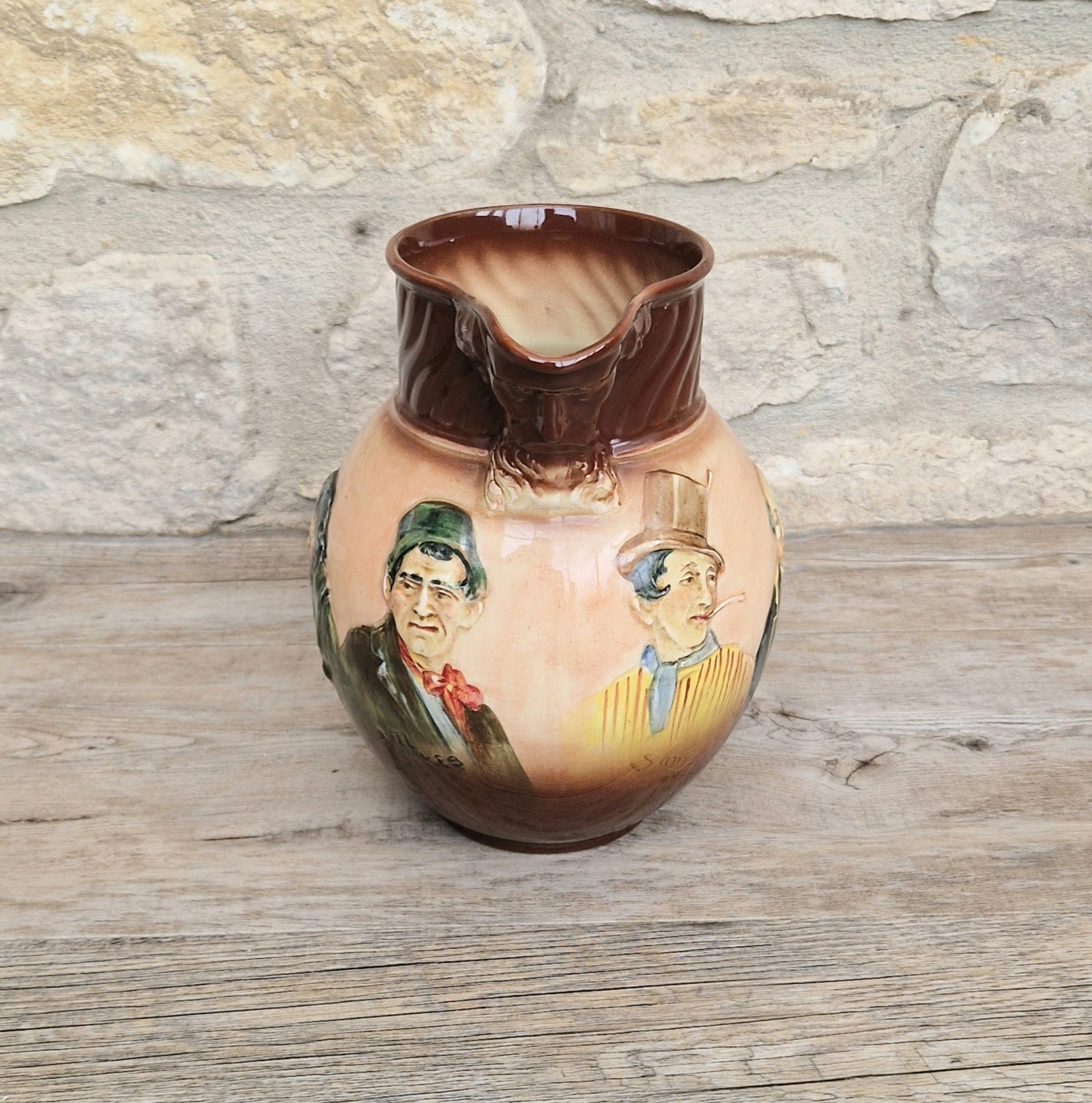Royal Doulton Charles Dickens Pitcher: Antique Raised Relief Ceramic Jug Made in England