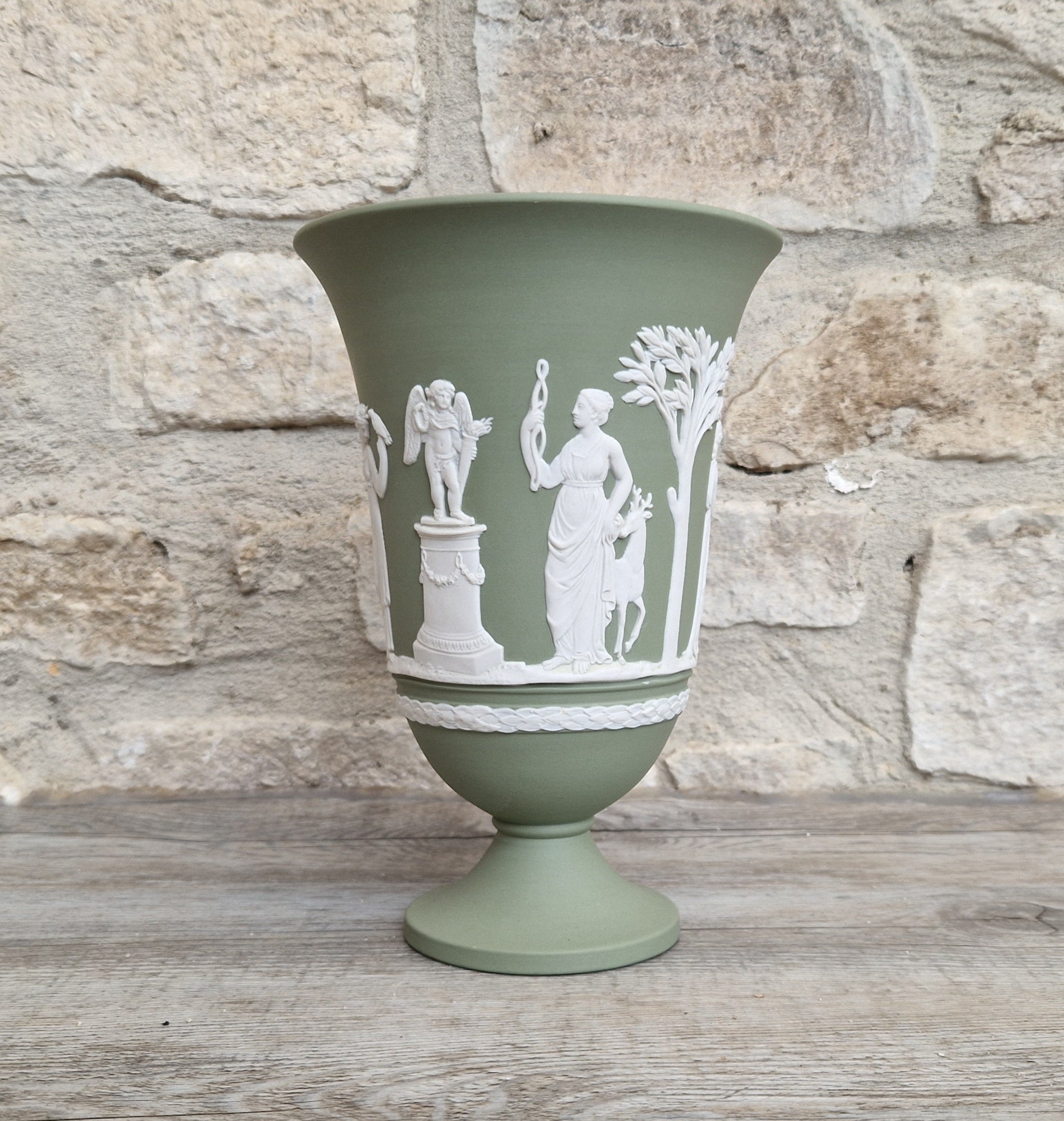 Wedgwood Sage Green Jasperware Arcadian Pedestal Trumpet Mantle Vase - Vintage.Made in England 17cm Tall