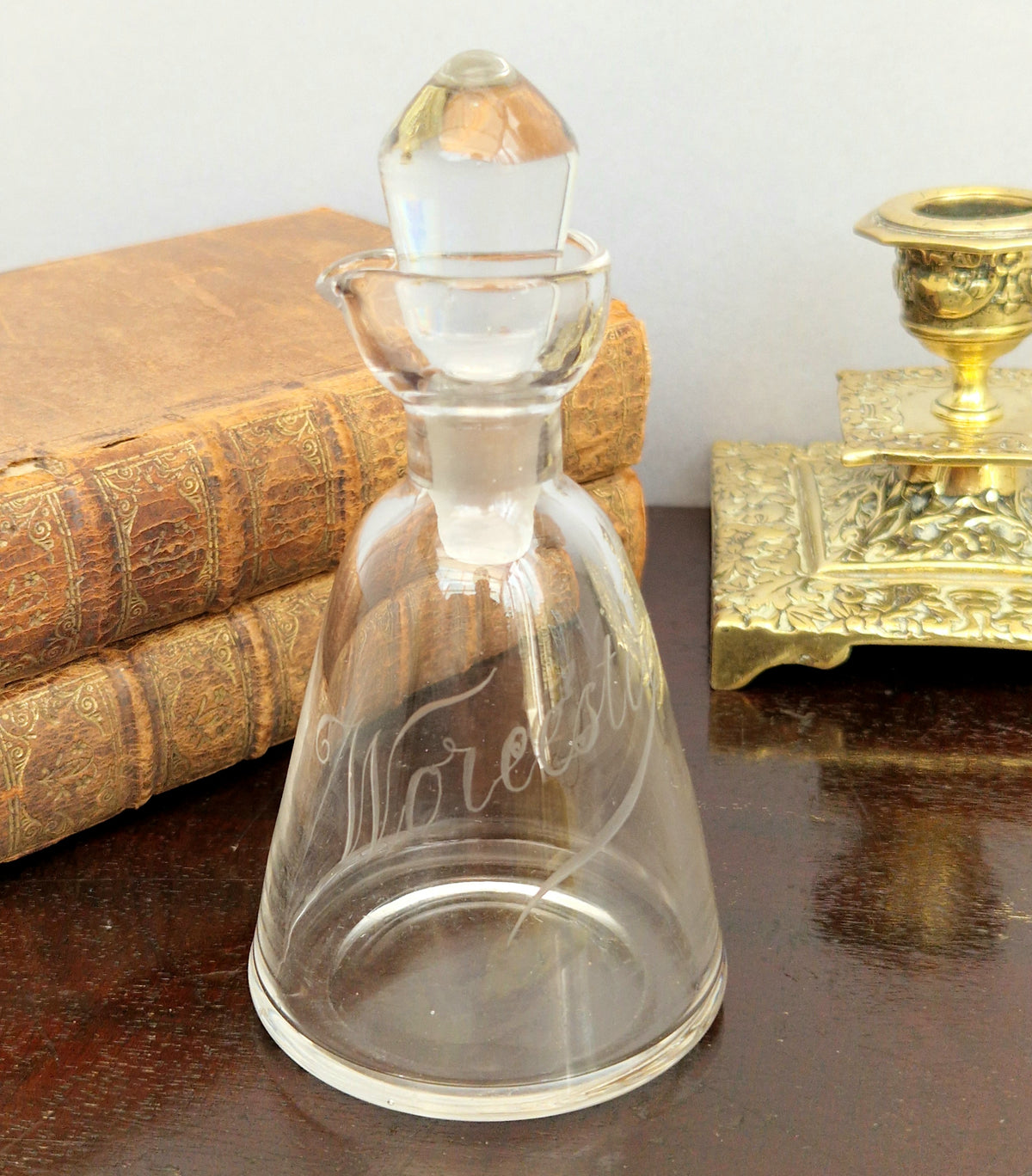 Antique Engraved Glass Worcester Condiment Bottle c.19th Century Fine Copper Wheel Engraving  Glass Stopper English