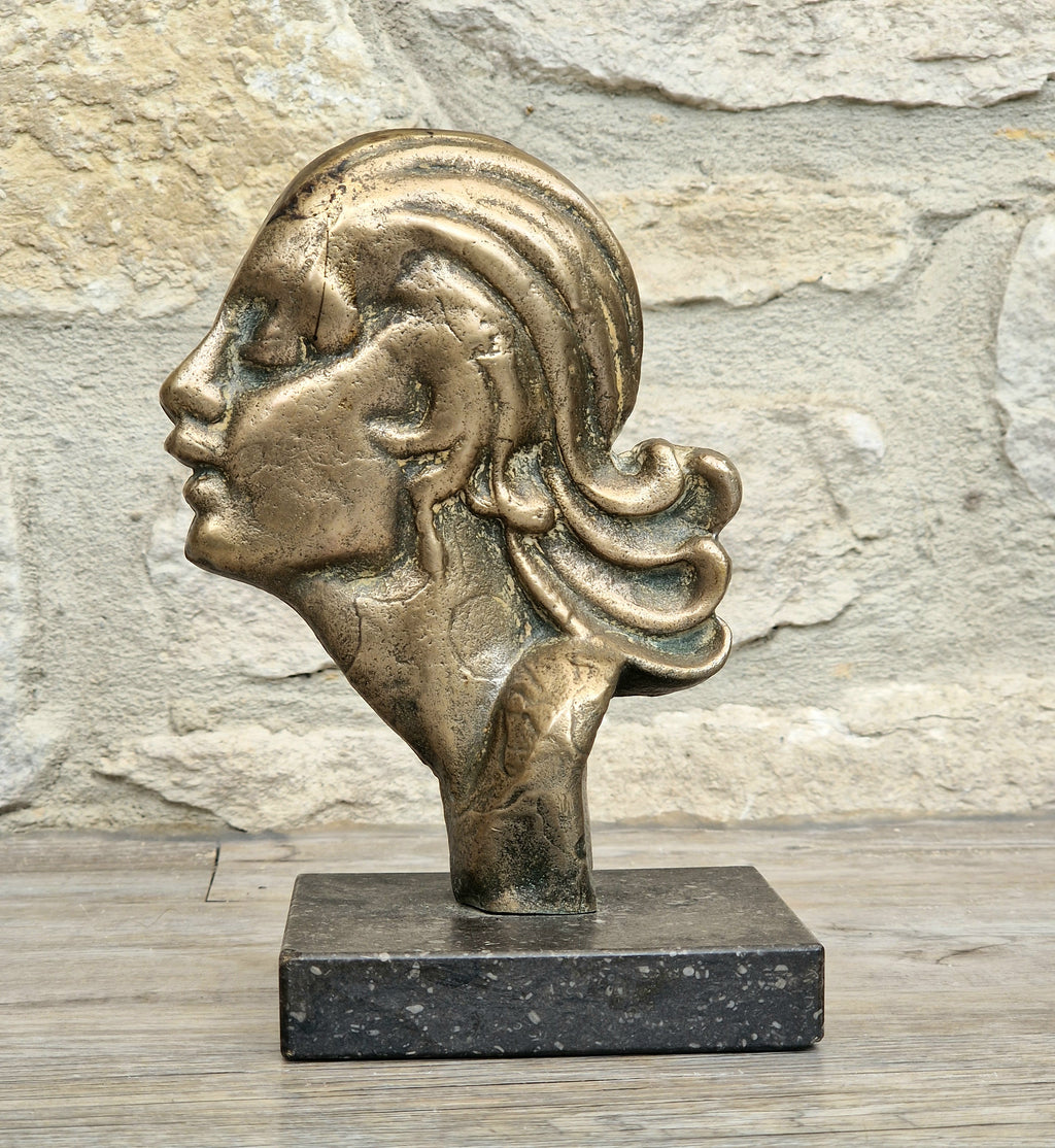 Art Deco Cast Bronze Girl's Head Profile Black Marble Mounted Desk Sculpture