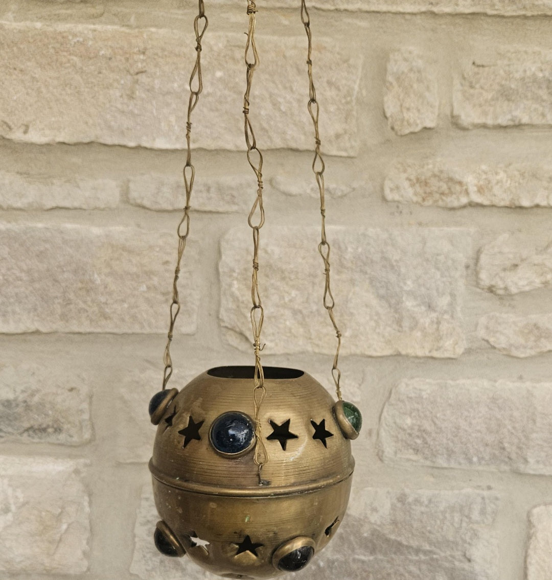 Vintage Pierced Brass Hanging Lantern with cabouchon verdigris Bohemian Moroccan