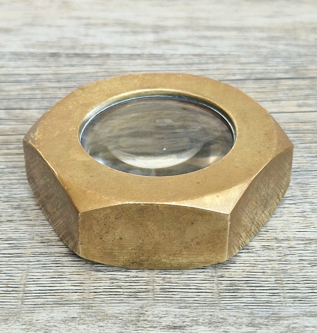 Carl Auböck Brass Hexagon Nut Magnifier Paperweight, Vintage Austria Werkstätte 1950s Desk Accessory, Model 5071 Authentic
