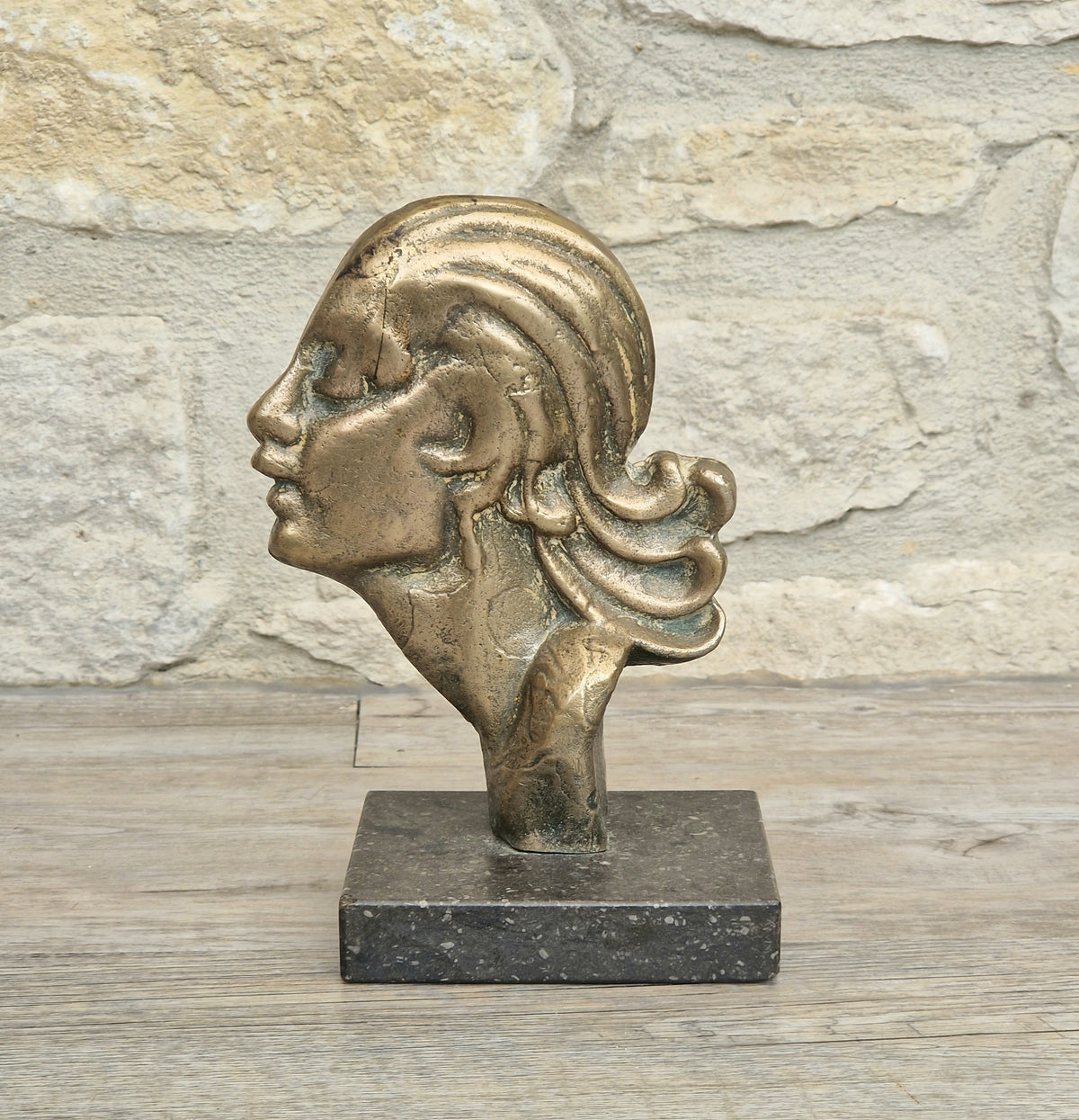 Art Deco Cast Bronze Girl's Head Profile Black Marble Mounted Desk Sculpture