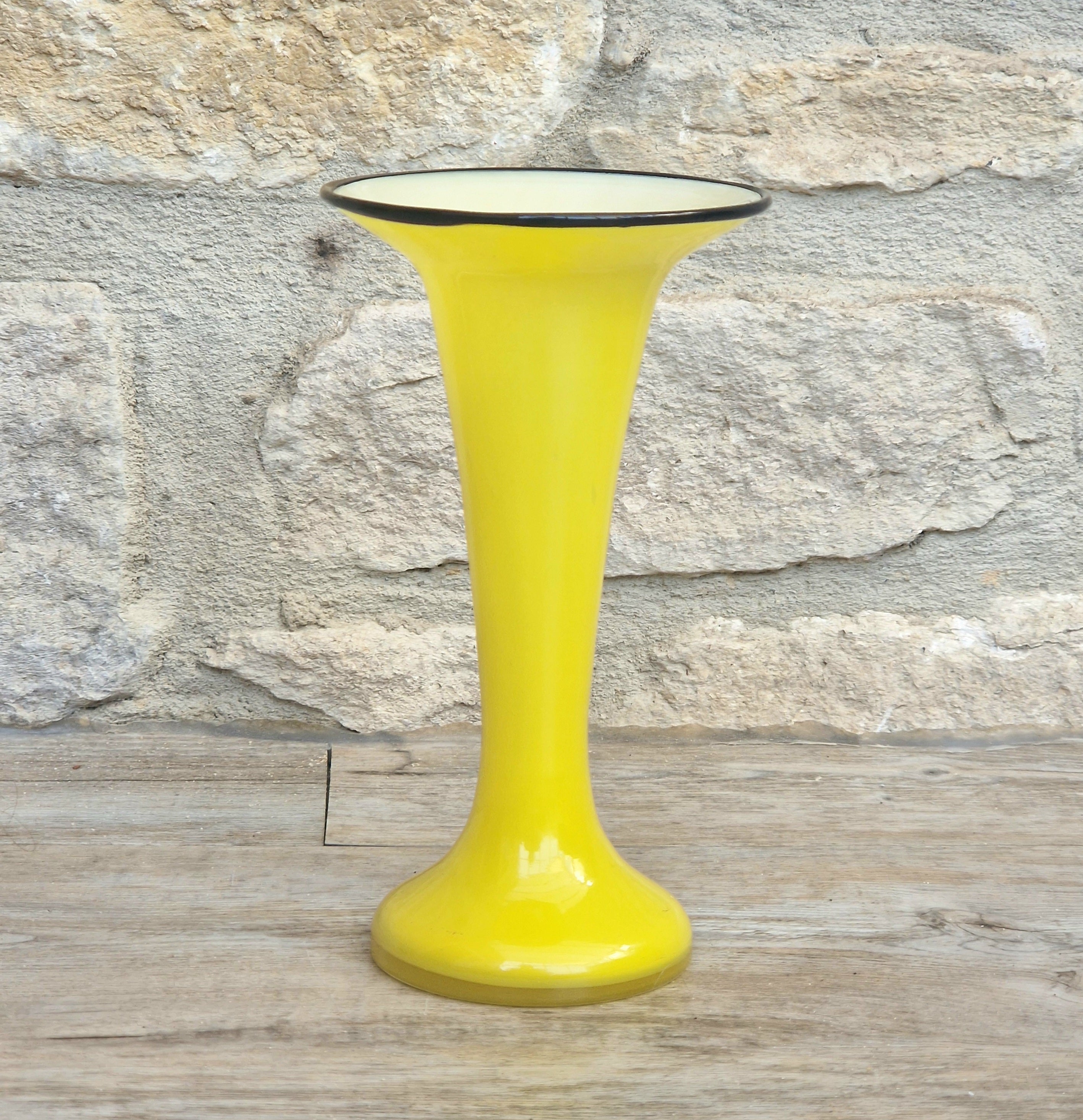 Vintage Bright Yellow Tango Glass Trumpet Vase with Black Rim 16cm