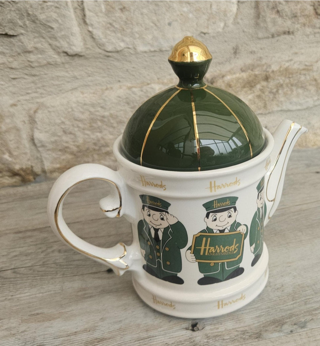 Vintage Harrods Teapot Green & Gold Doormen Motif, James Sadler England Harrods Logo