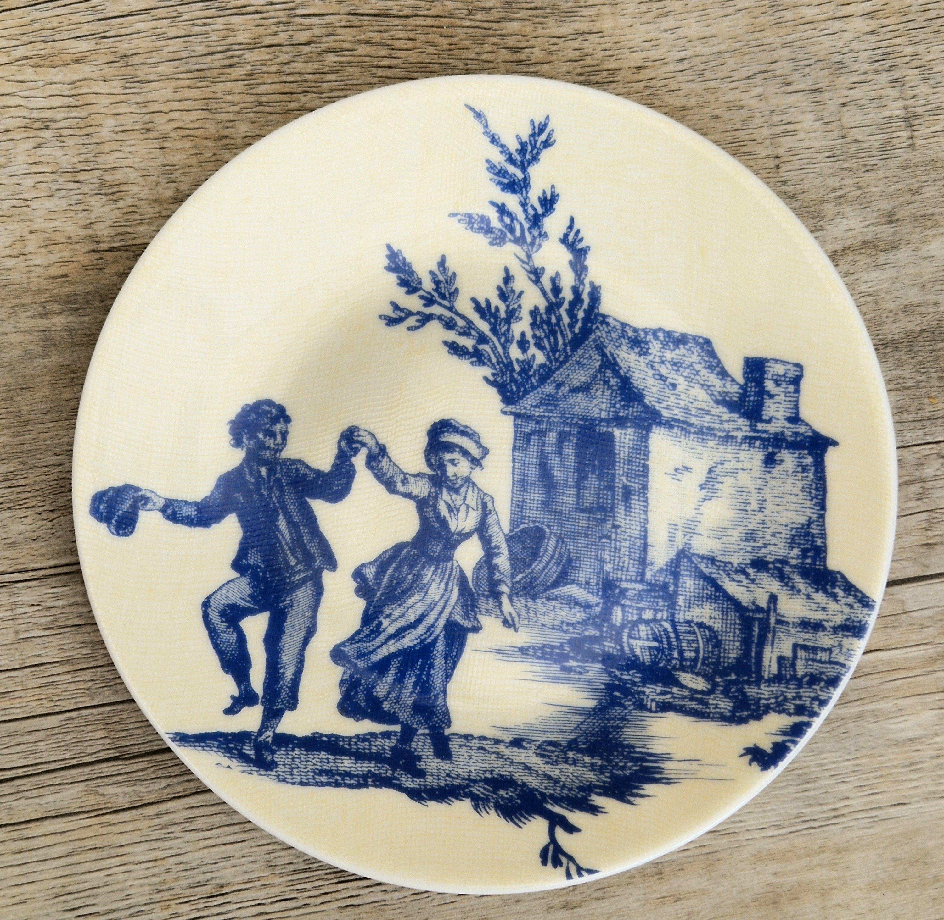 Set of Six Toile De Jouy Blue Salad or Dessert Plates Philippe Deshoulieres France. Boxed & Unused