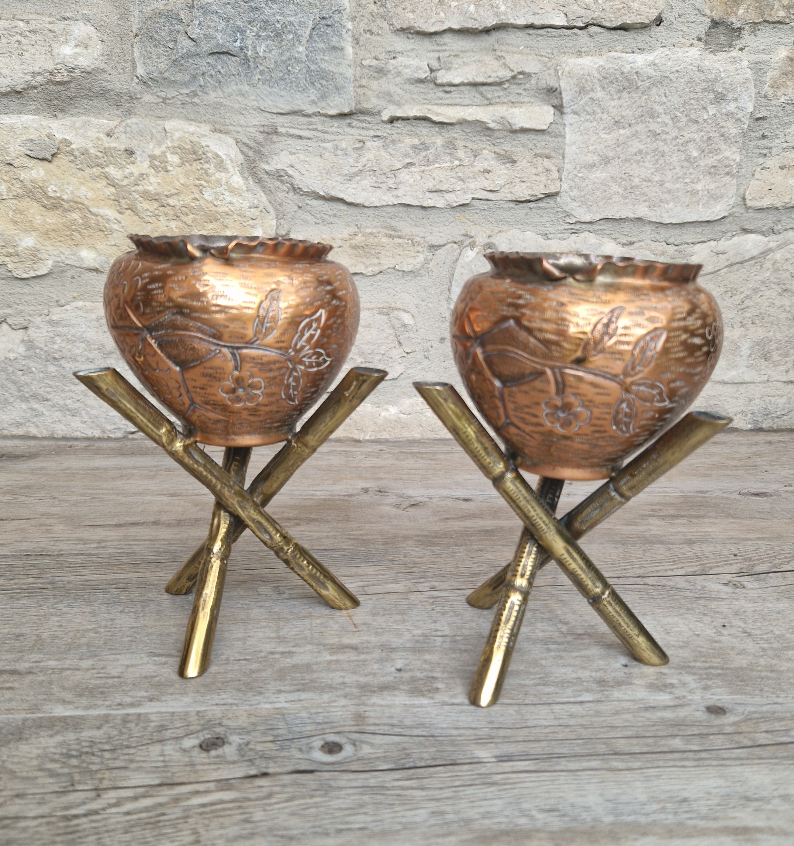 Pair of Antique Japanese Aesthetic Movement Arts & Crafts Copper And Brass Faux Bois Jardinieres