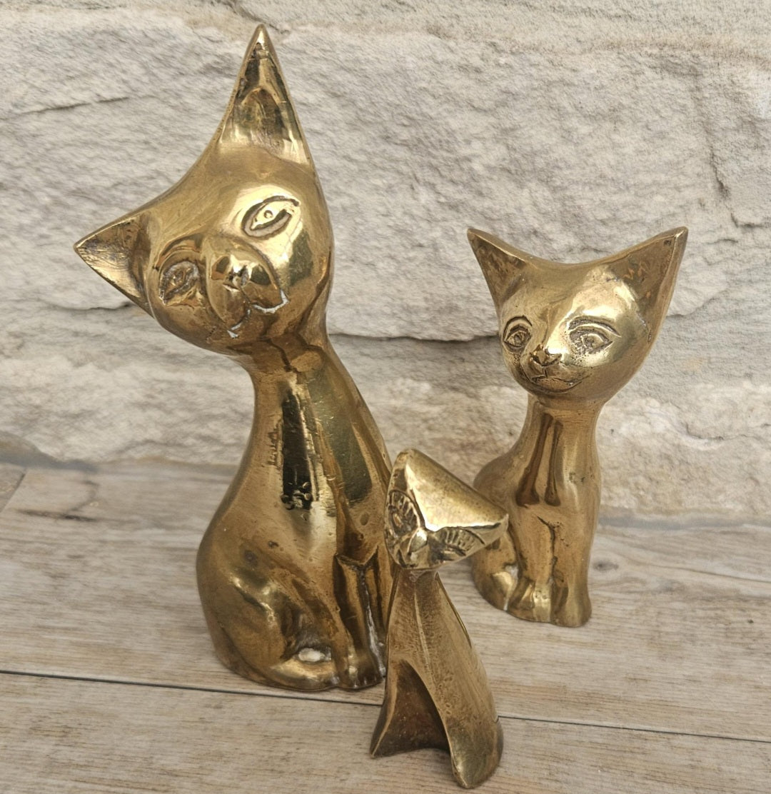 Mcm Solid Brass Cats Figures Ornaments  X3 Brass Cat Family Heavy with Patina