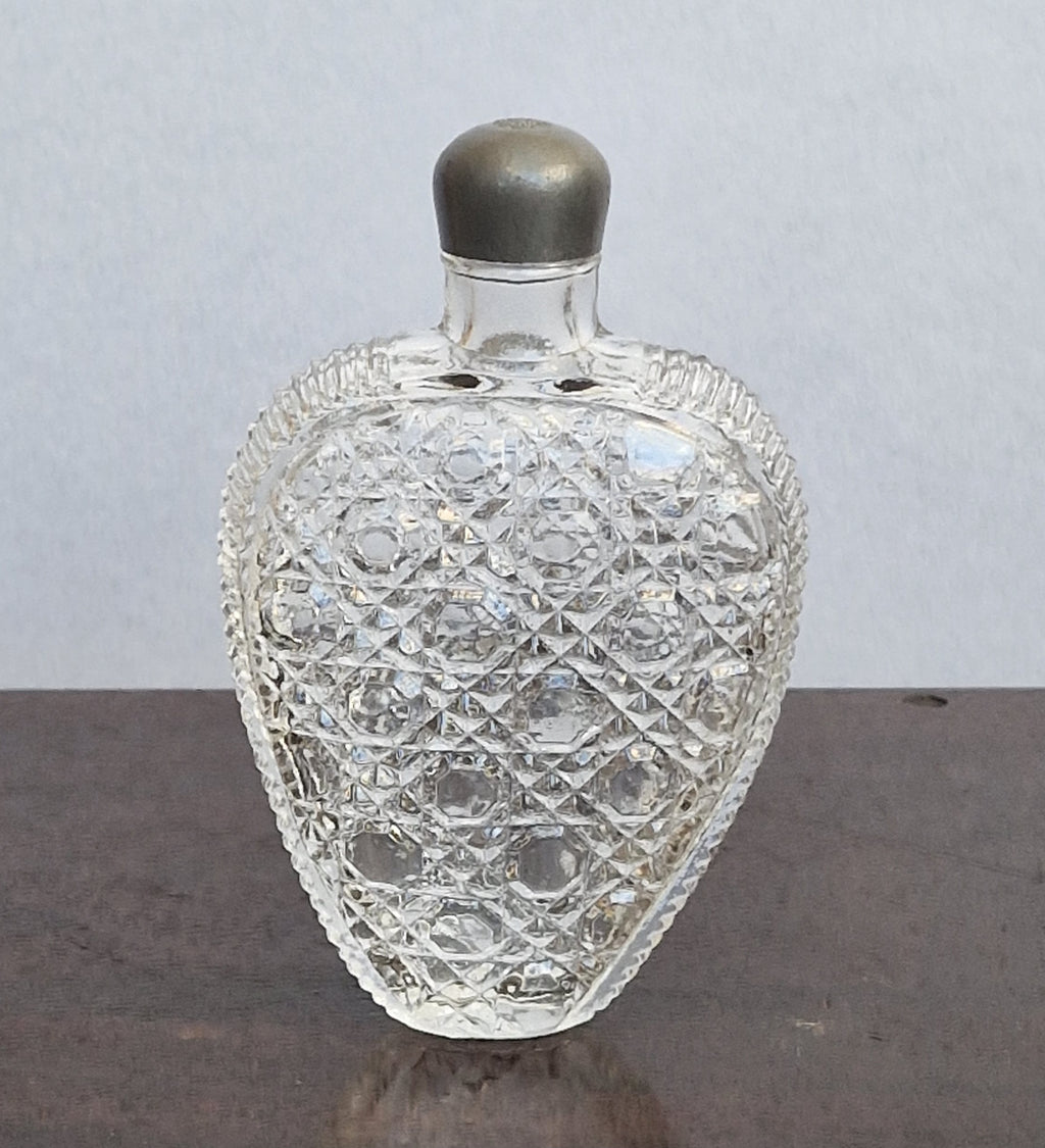 Antique Victorian Pressed Glass Heart Perfume Bottle Pocket Scent Flask Original Cap