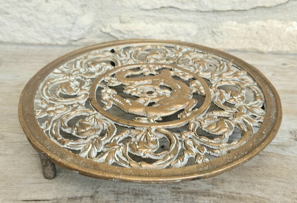 Vintage Filligree Ornate Brass Dragon Round Trivet Stand 20cm Diameter