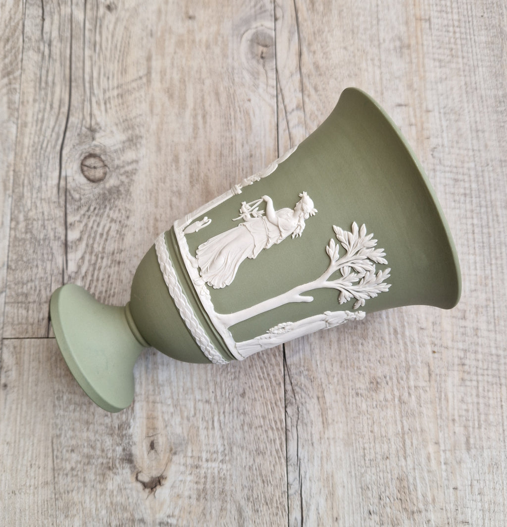 Wedgwood Sage Green Jasperware Arcadian Pedestal Trumpet Mantle Vase - Vintage.Made in England 17cm Tall
