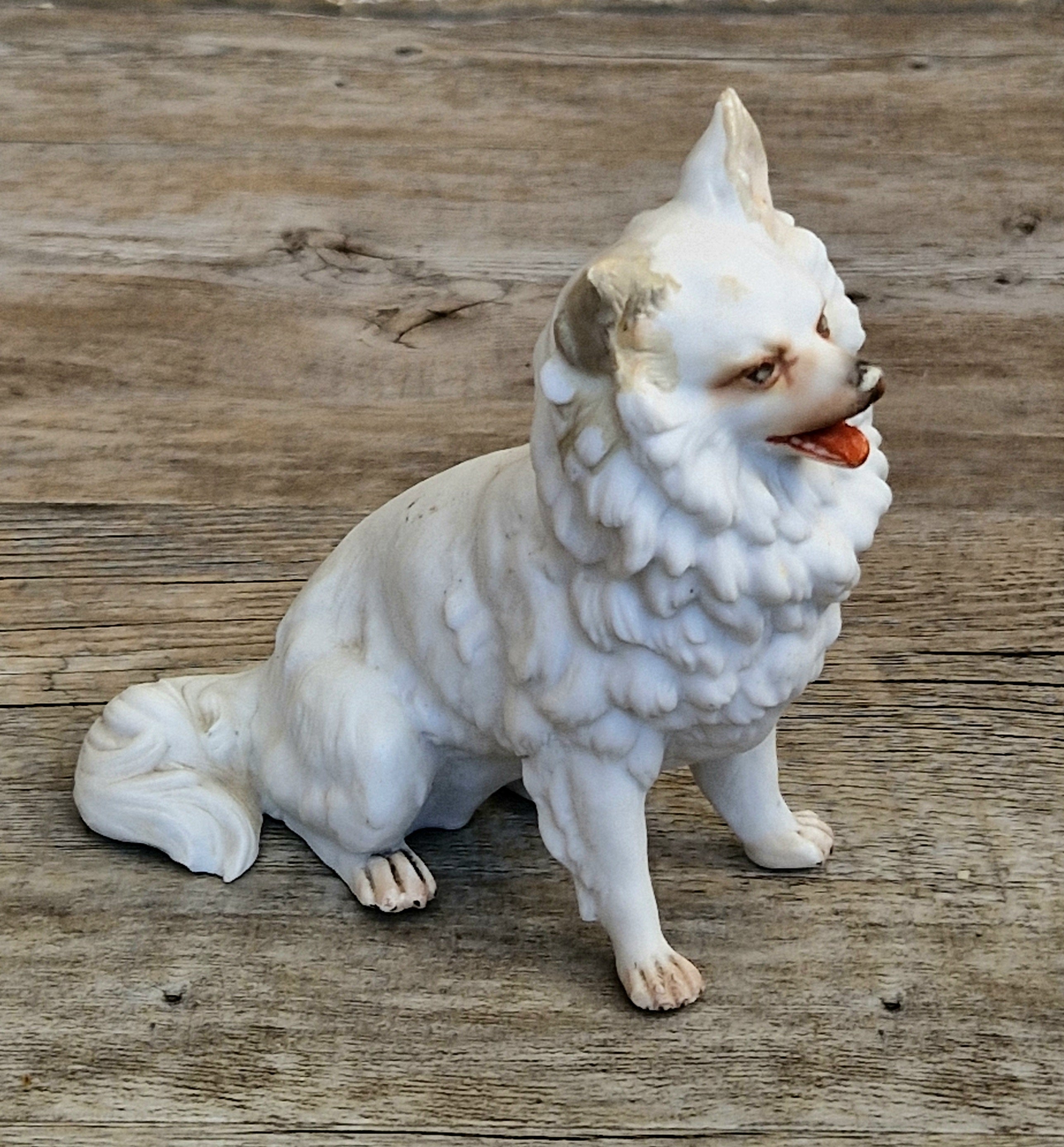 Antique Heubach Bisque Sitting Panting Spitz Dog: German Figure, Circa 1864-1880