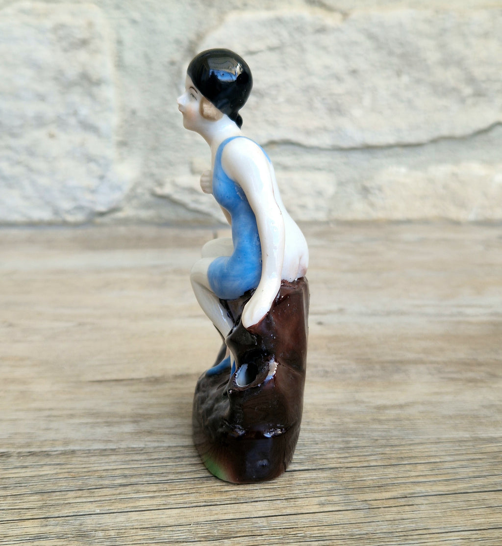 Art Deco Flapper Girl Bathing Belle Figure Ornament Ceramic Hat Pin Holder Continental 1930's