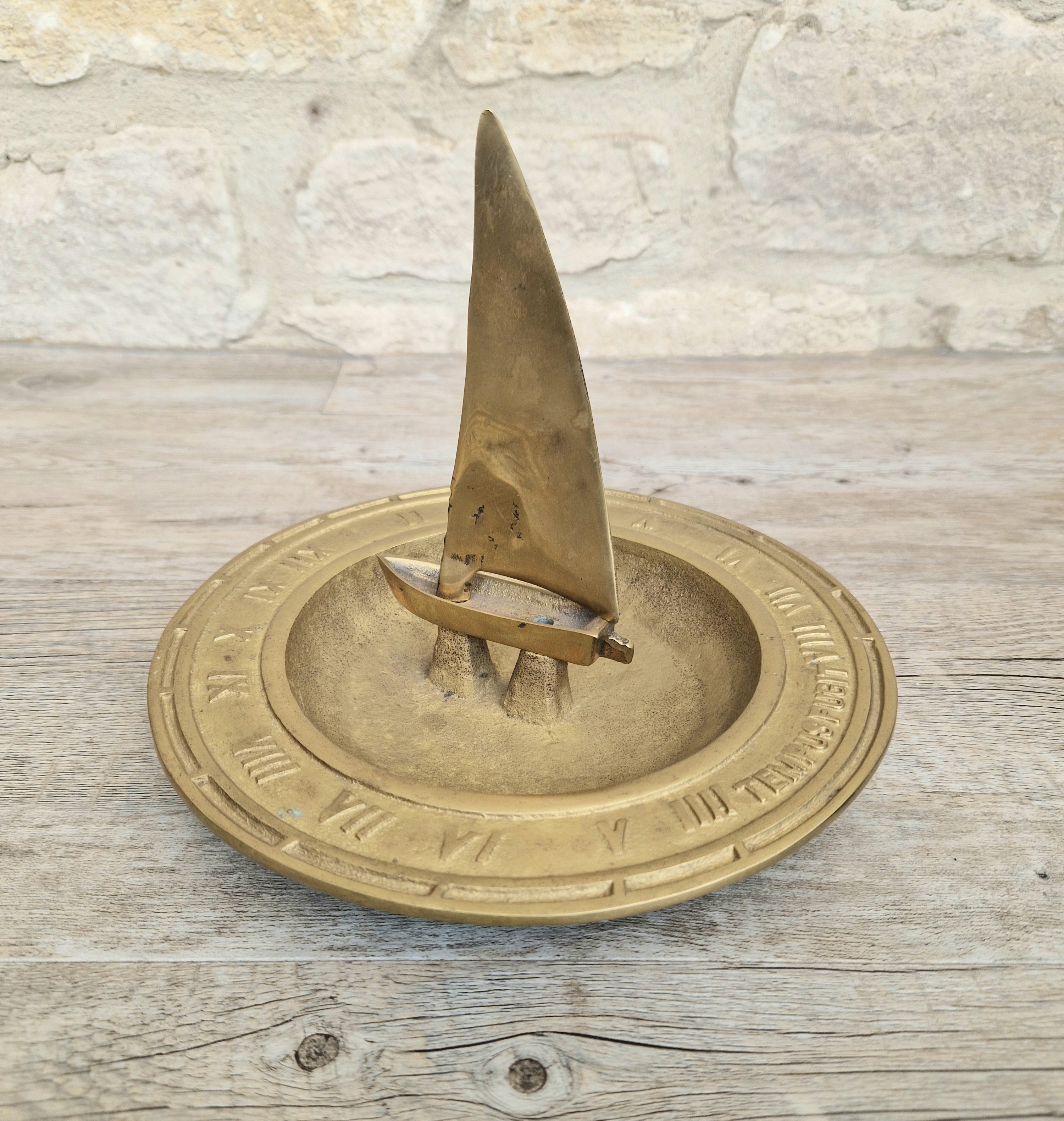 Bronze & Brass Sailing Boat Birdbath Sundial Vintage Garden Ornament