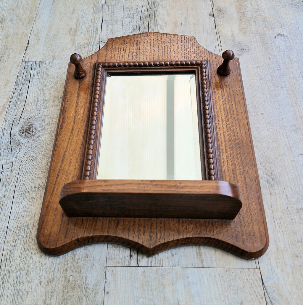 English Oak Arts & Crafts Wall Mirror Bevelled And Beaded Antique Mirror With Shelf And Hooks