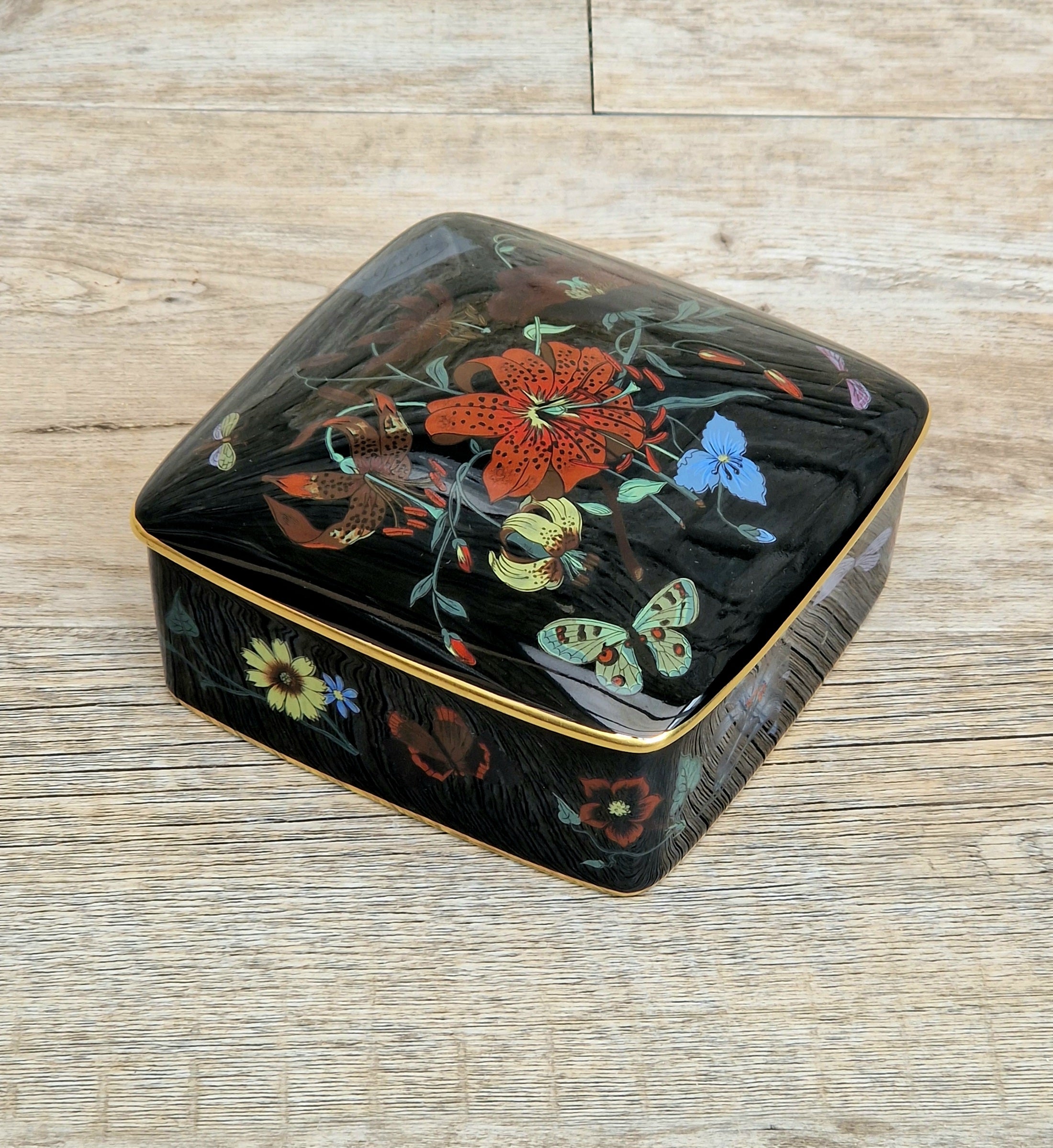 Vintage 1970's Bernardaud Gucci Limoges Porcelain Box in "Flora Noir" Print By The Artist Vittorio Accornero. Very Rare. Mint Condition.