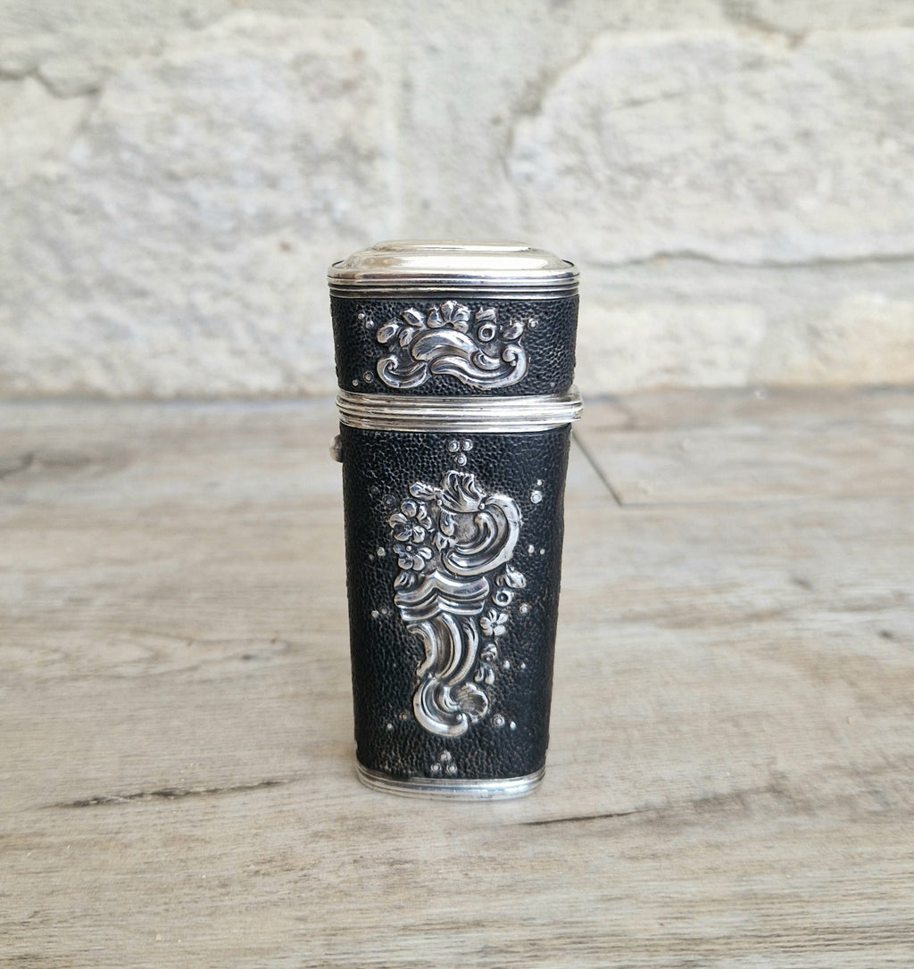 18th Century Etui French Black Shagreen & Silver Necessaire Case Rare Early Example