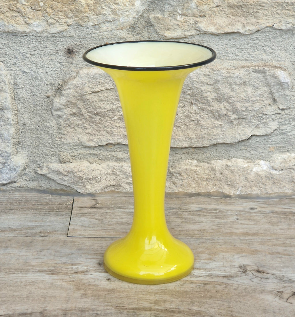 Vintage Bright Yellow Tango Glass Trumpet Vase with Black Rim 16cm