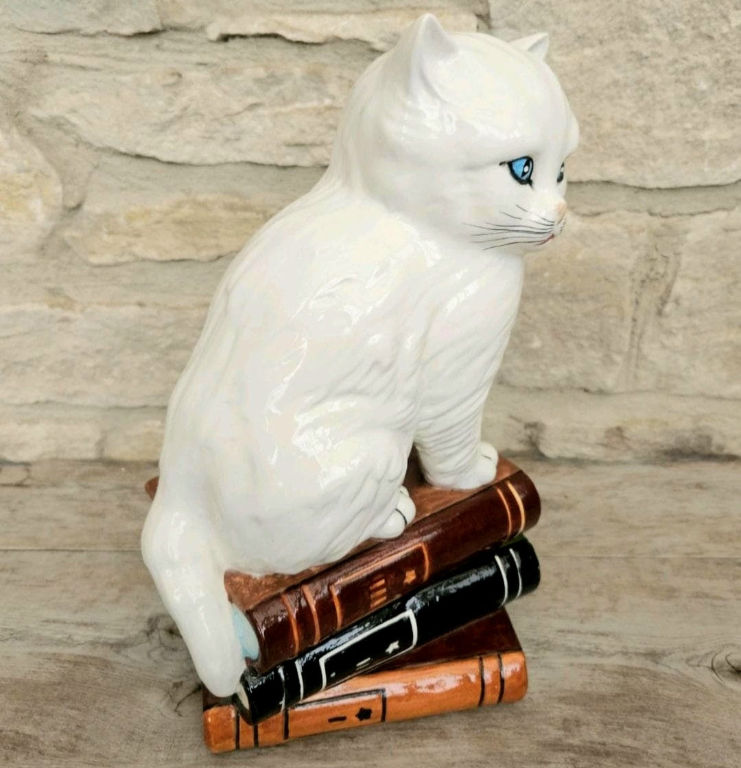 Vintage Italian White Cat Figurine Ornament Sitting on Books Ceramic Figure 11.5 lnch Tall