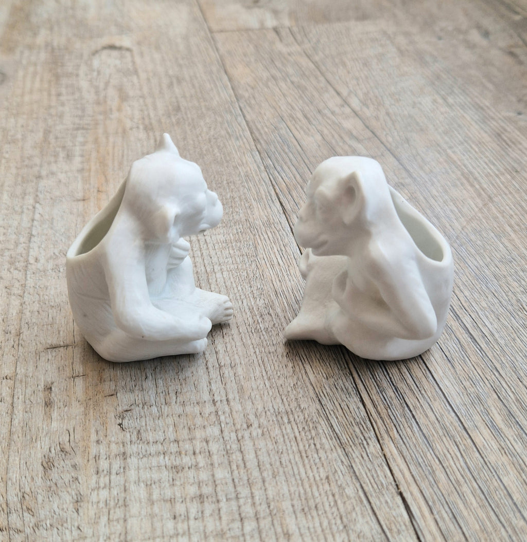 Antique Parian Ware Chimpanzee Match Holders: Stamped Germany 1859