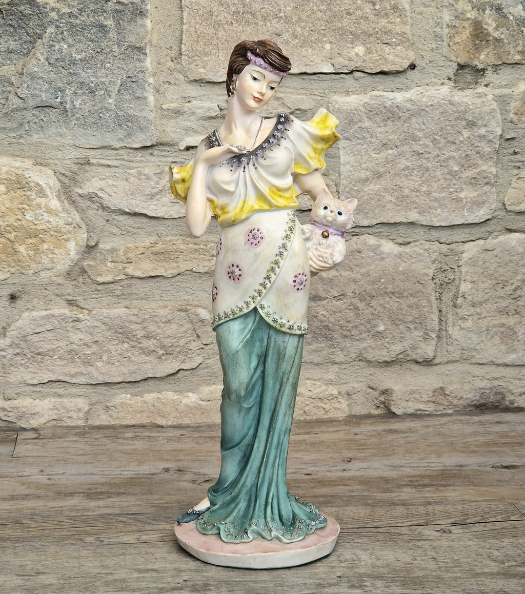 Vintage 14” Art Deco Style Resin Lady Figurine with Cat, Elegance Statue Angelica Collection, 1.46kg Heavy Mantle Sculpture 36cm