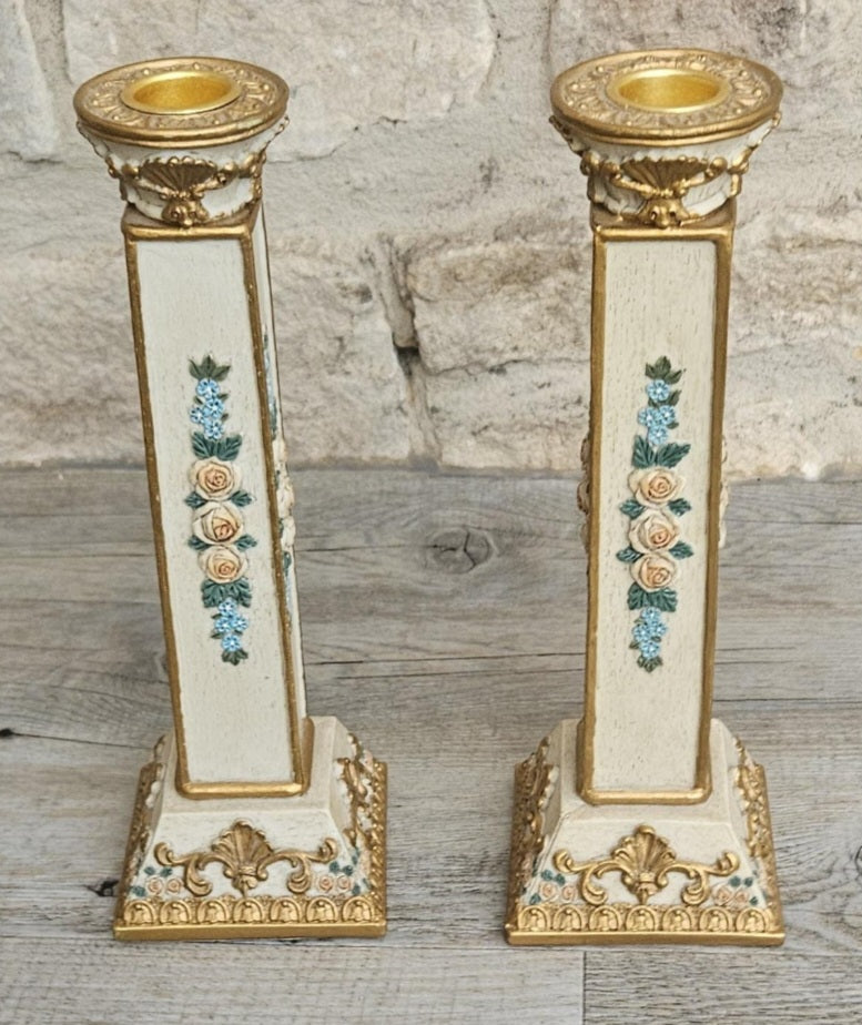 Ornate Vintage Pair Of Candlesticks Pedestal Column Resin Cream Gold Floral  9" Tall