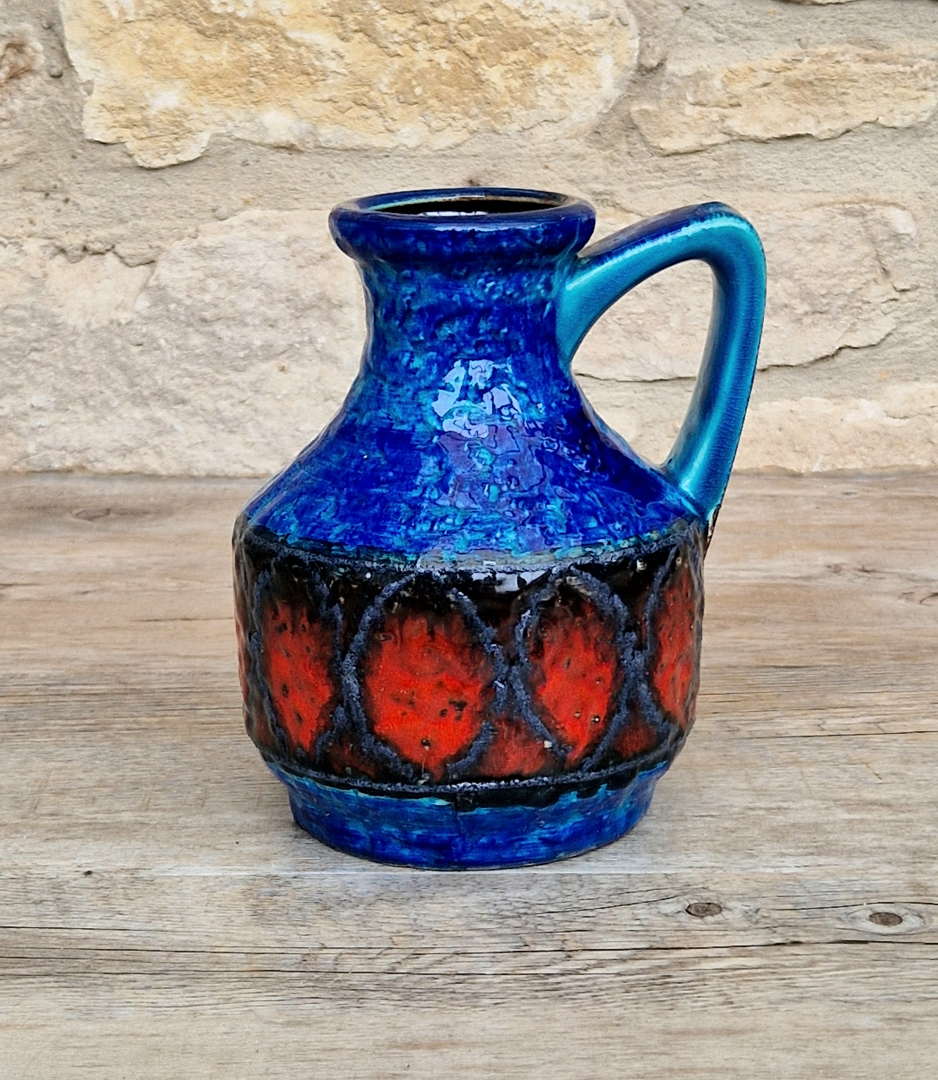 Bay Keramik West German Fat Lava Pottery Jug Vase Mid-Century Bright Blue Vintage